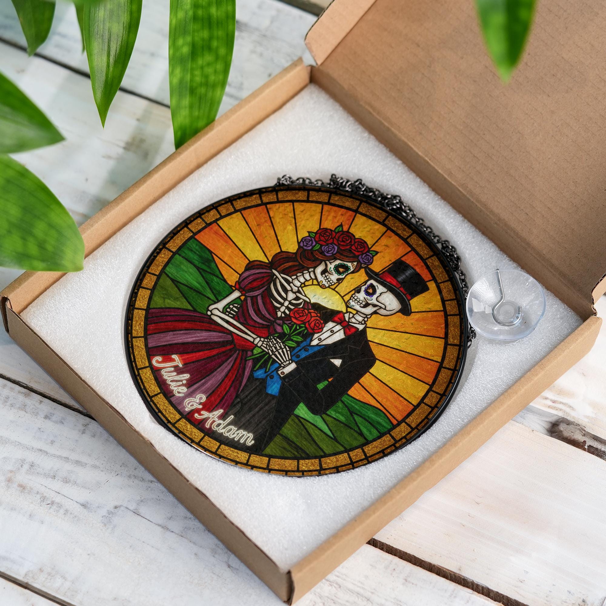 Skeleton Couple Suncatcher – Personalized Glass Gothic Wedding Gift
