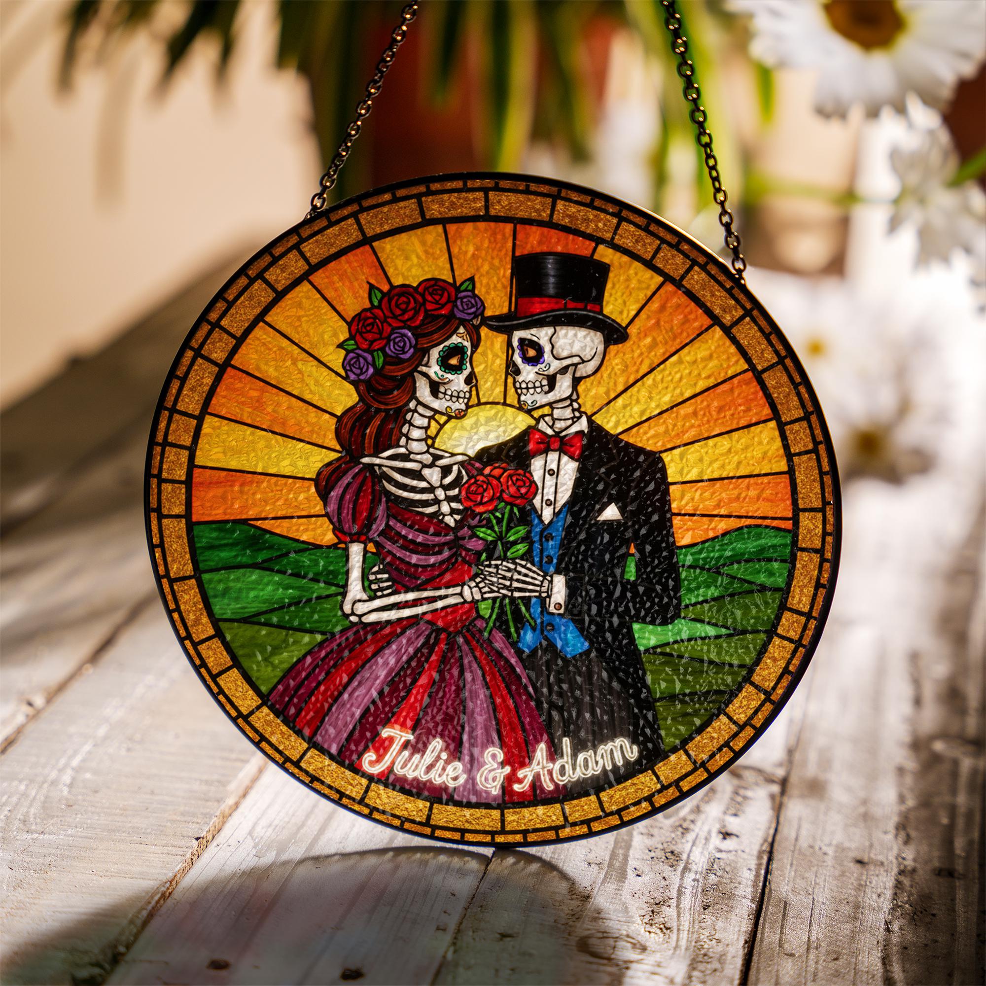 Skeleton Couple Suncatcher – Personalized Glass Gothic Wedding Gift