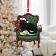 Black Cat Christmas Ornament On Chair & Book: Cat Lover Gift