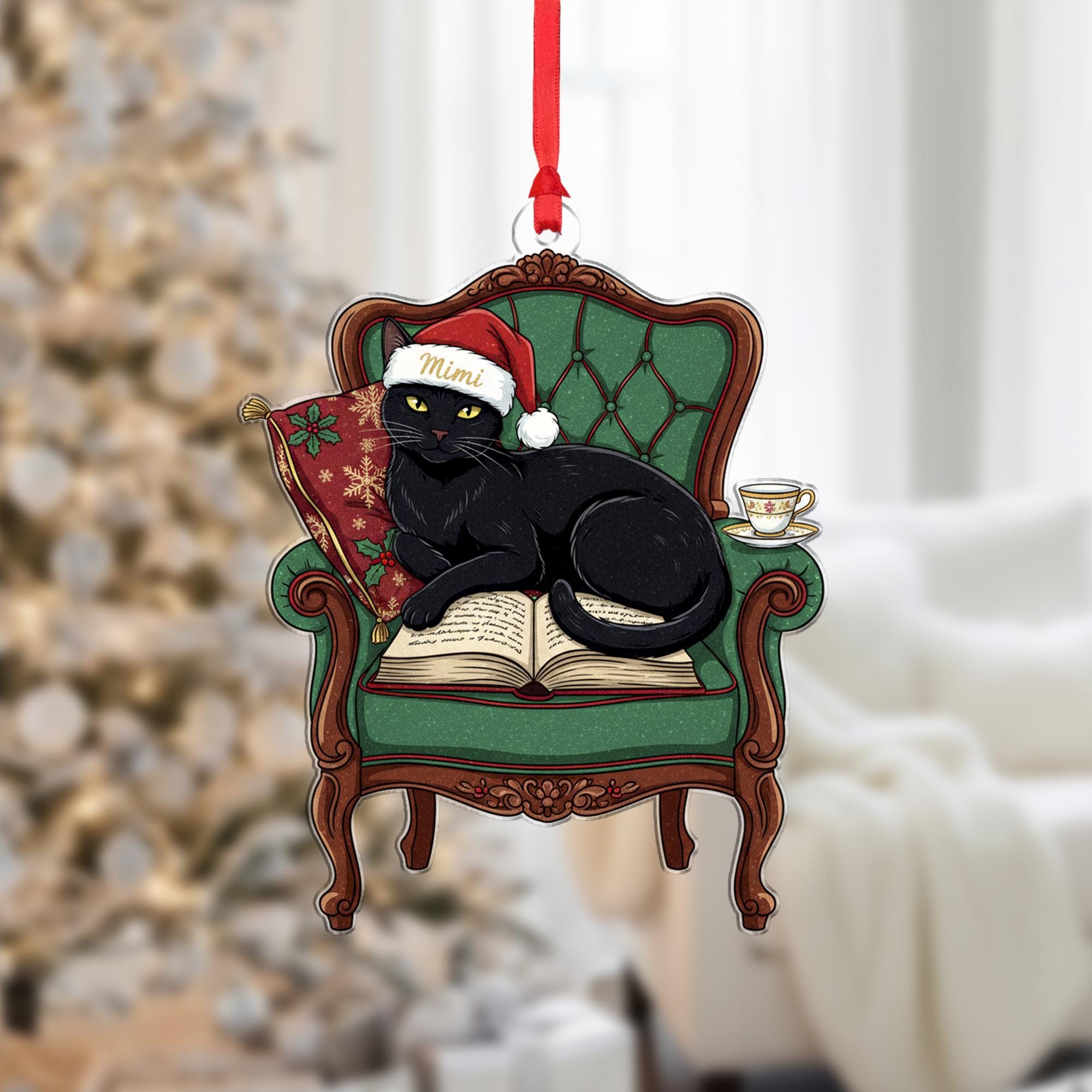Black Cat Christmas Ornament On Chair & Book: Cat Lover Gift