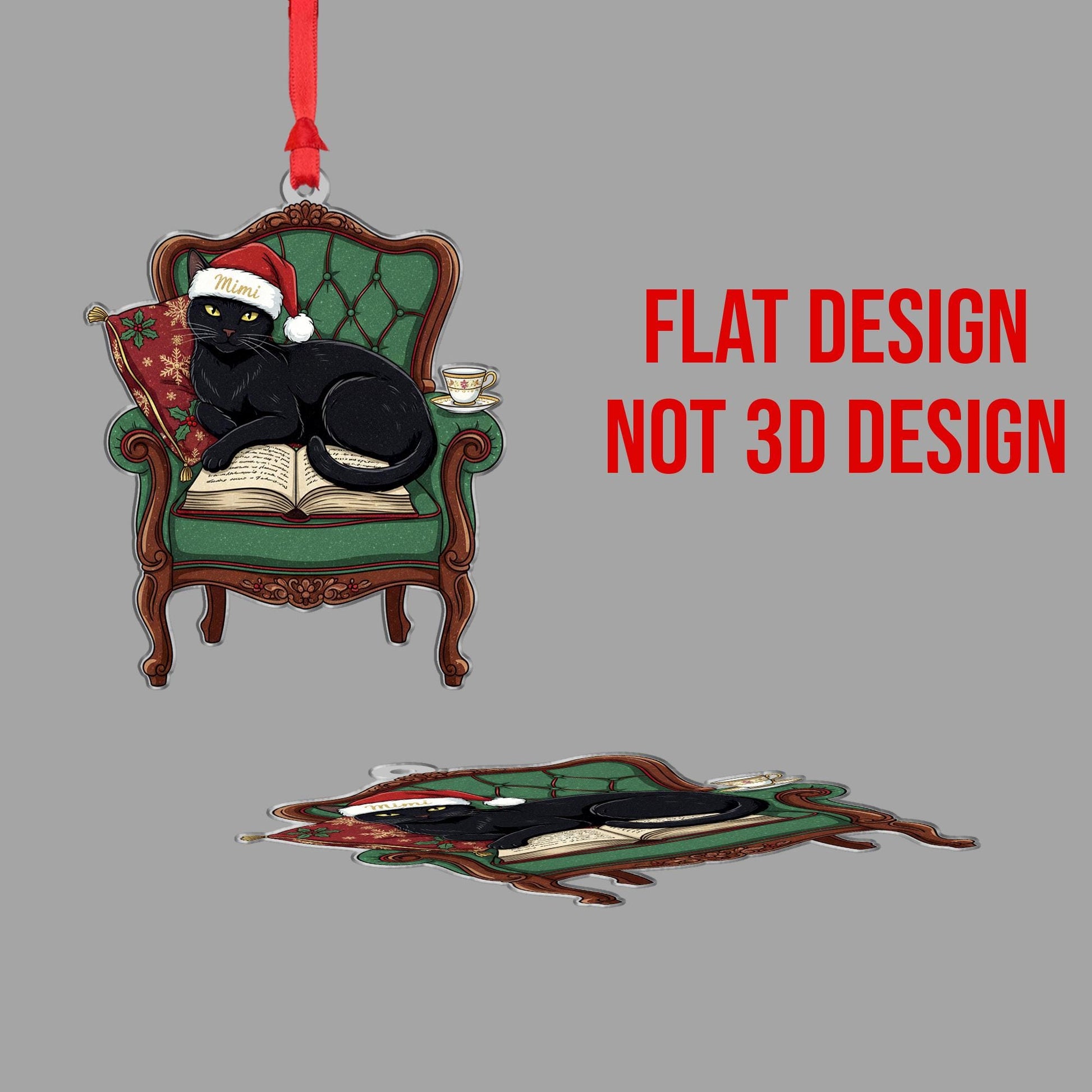 Black Cat Christmas Ornament On Chair & Book: Cat Lover Gift