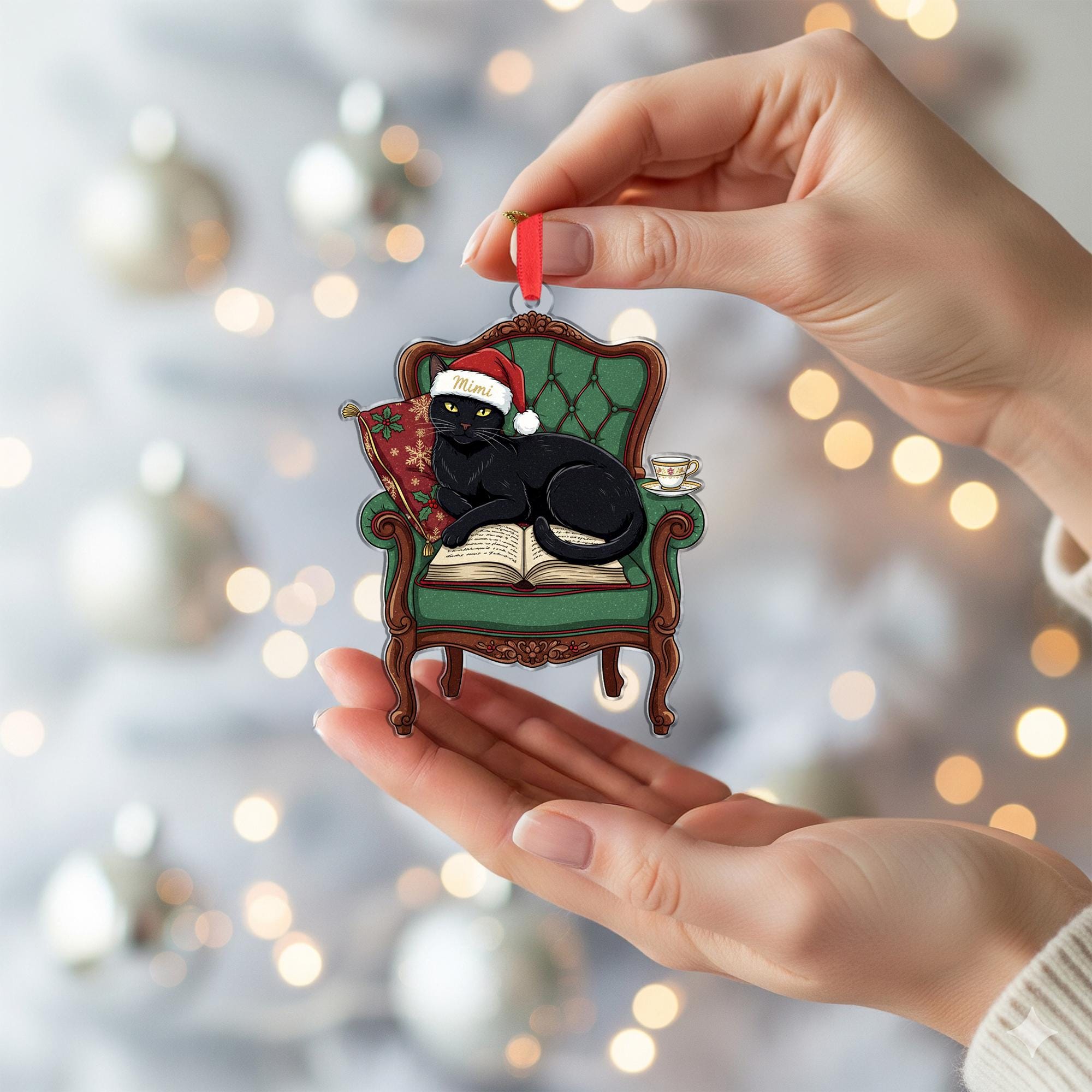 Black Cat Christmas Ornament On Chair & Book: Cat Lover Gift