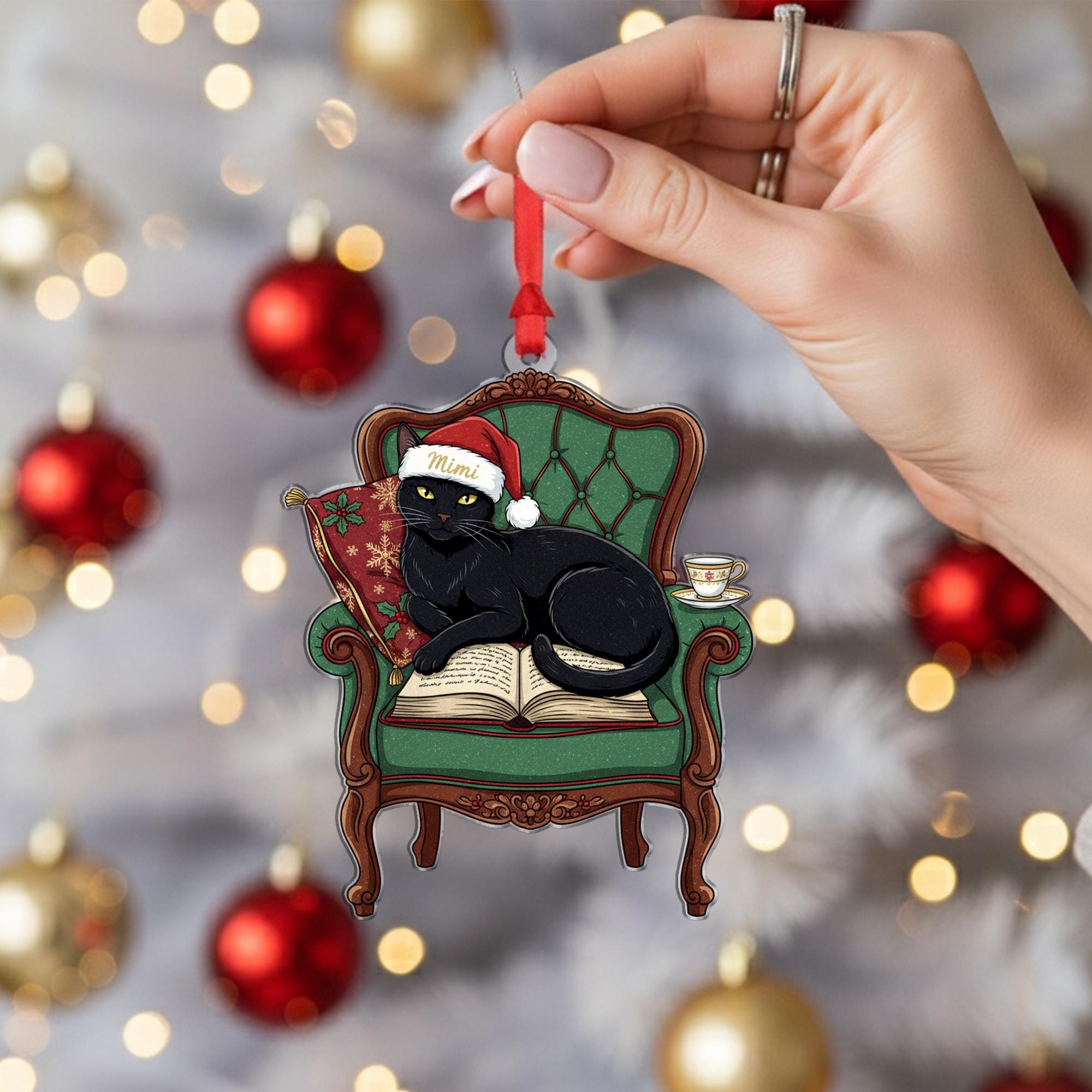 Black Cat Christmas Ornament On Chair & Book: Cat Lover Gift