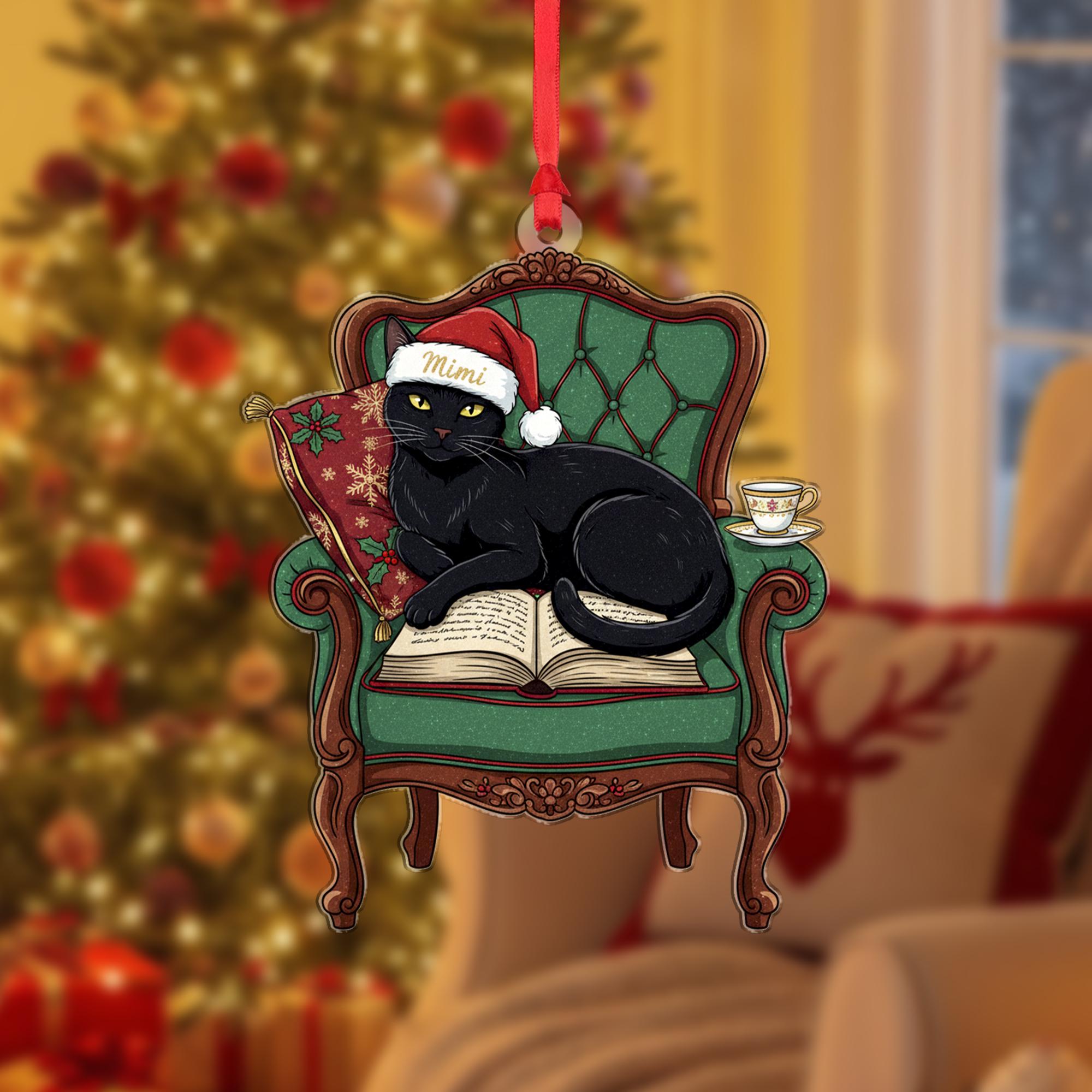 Black Cat Christmas Ornament On Chair & Book: Cat Lover Gift
