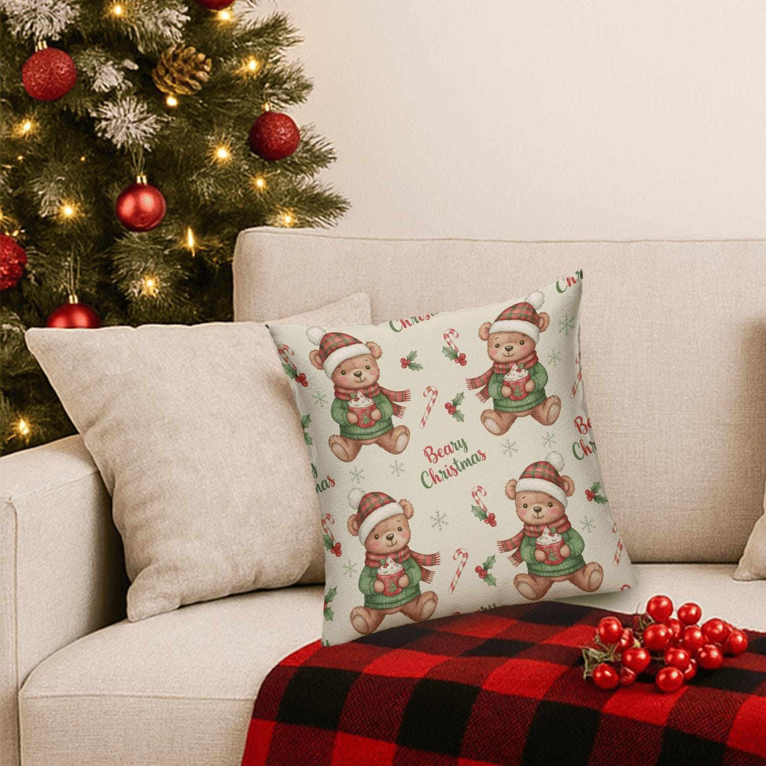 Beary Christmas Pillow: Holiday Teddy Bear Throw Cushion