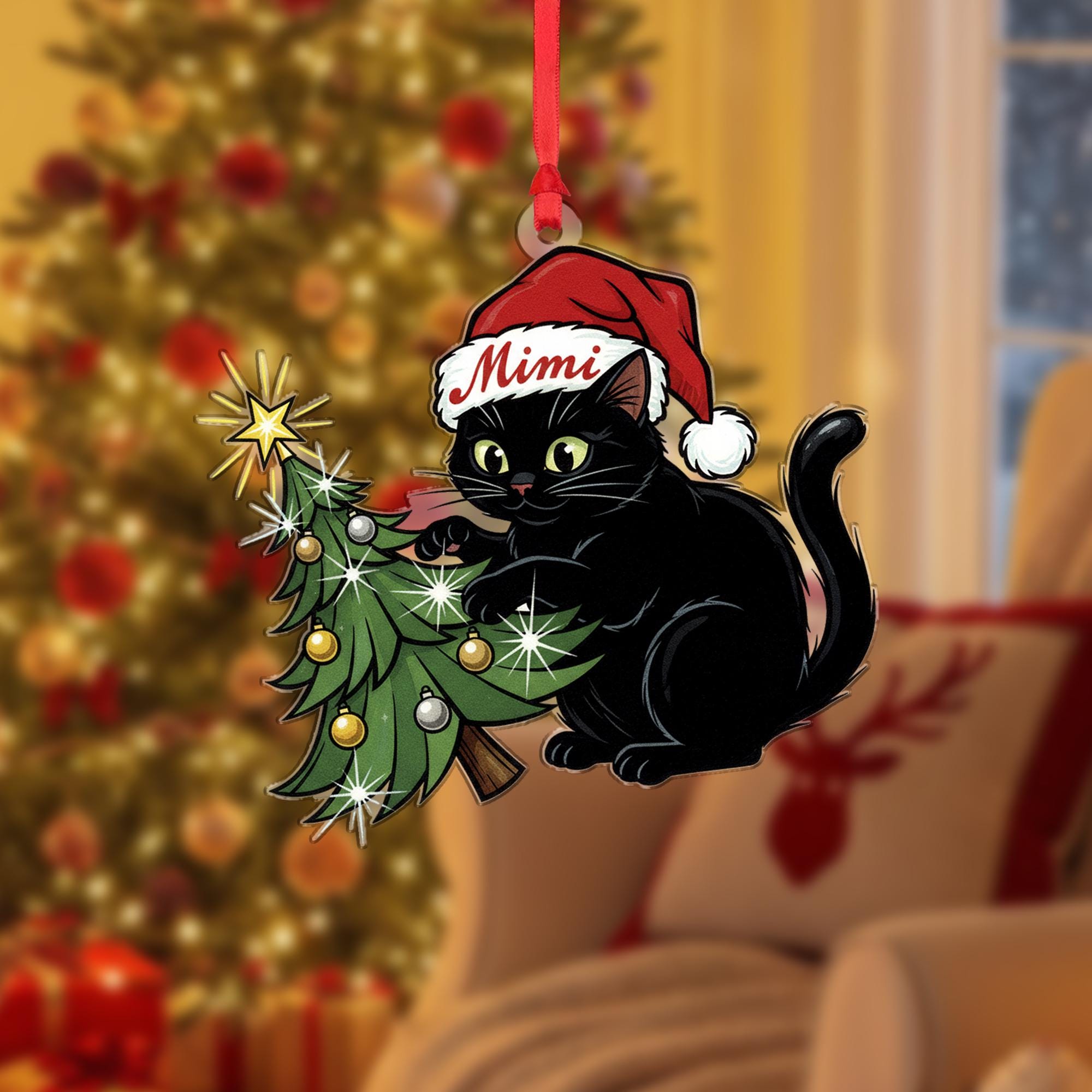 Black Cat In Santa Hat Ornament: Christmas Tree Decor