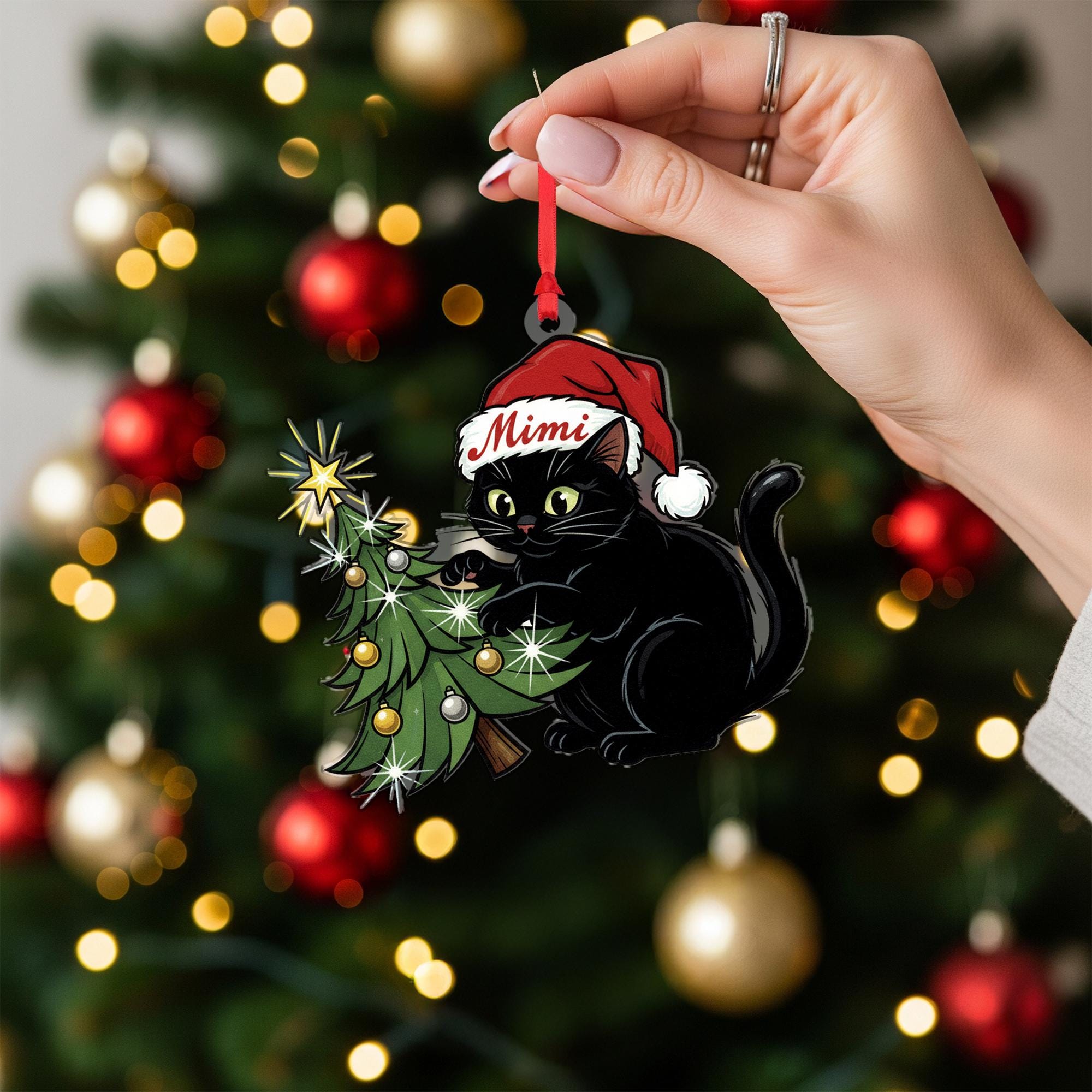 Black Cat In Santa Hat Ornament: Christmas Tree Decor