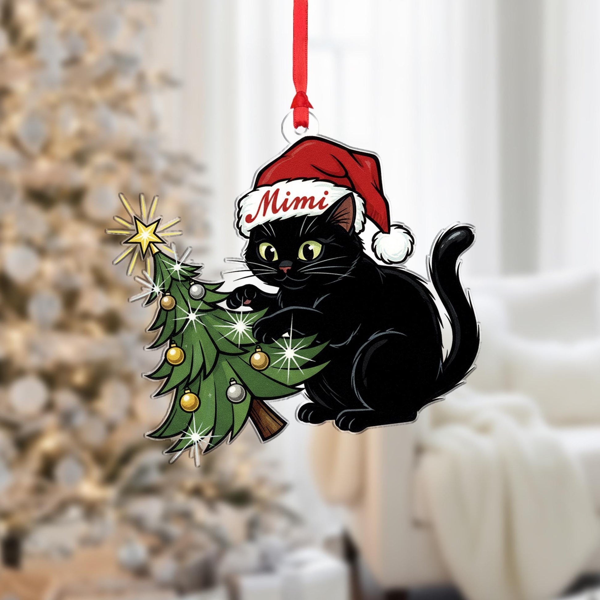 Black Cat In Santa Hat Ornament: Christmas Tree Decor