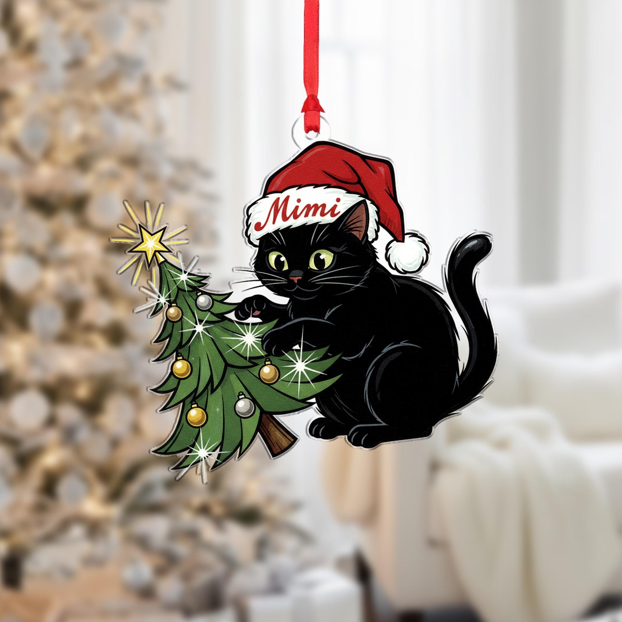 Black Cat In Santa Hat Ornament: Christmas Tree Decor