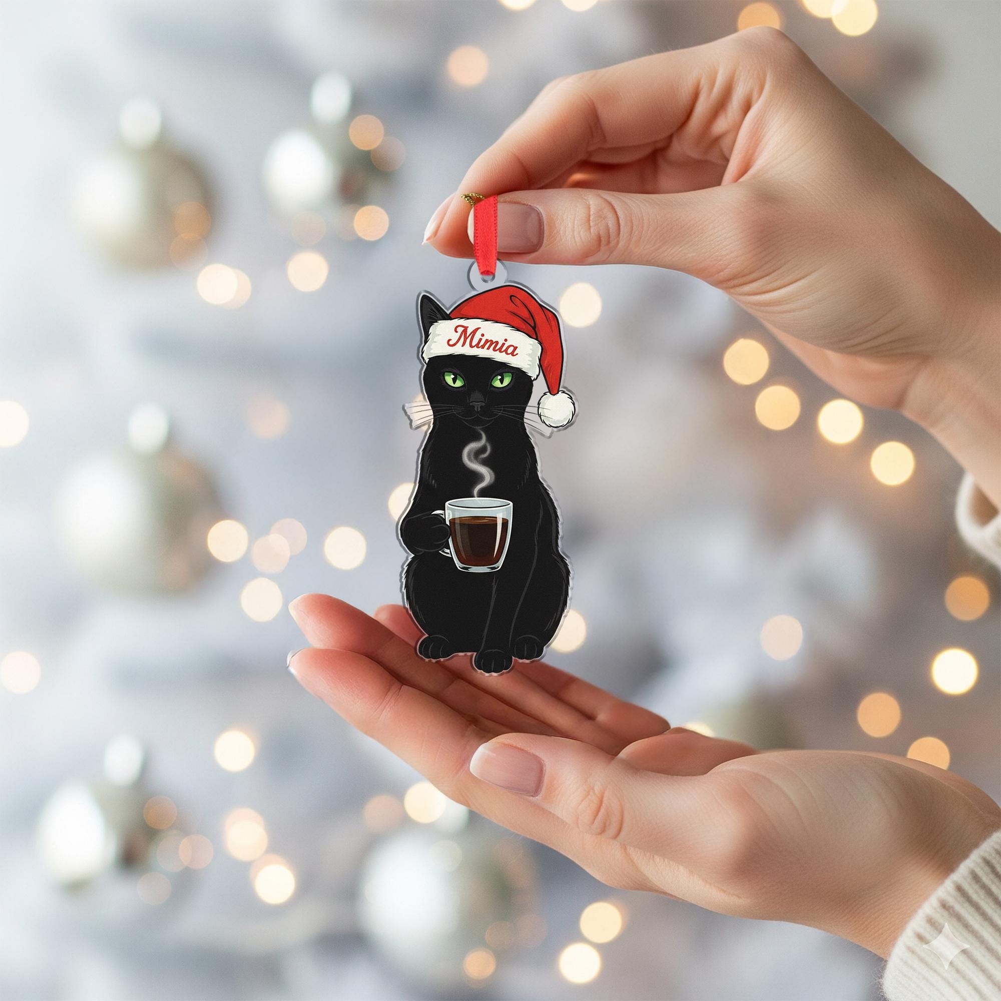 Black Cat In Santa Hat Ornament: Cat Lover Gift