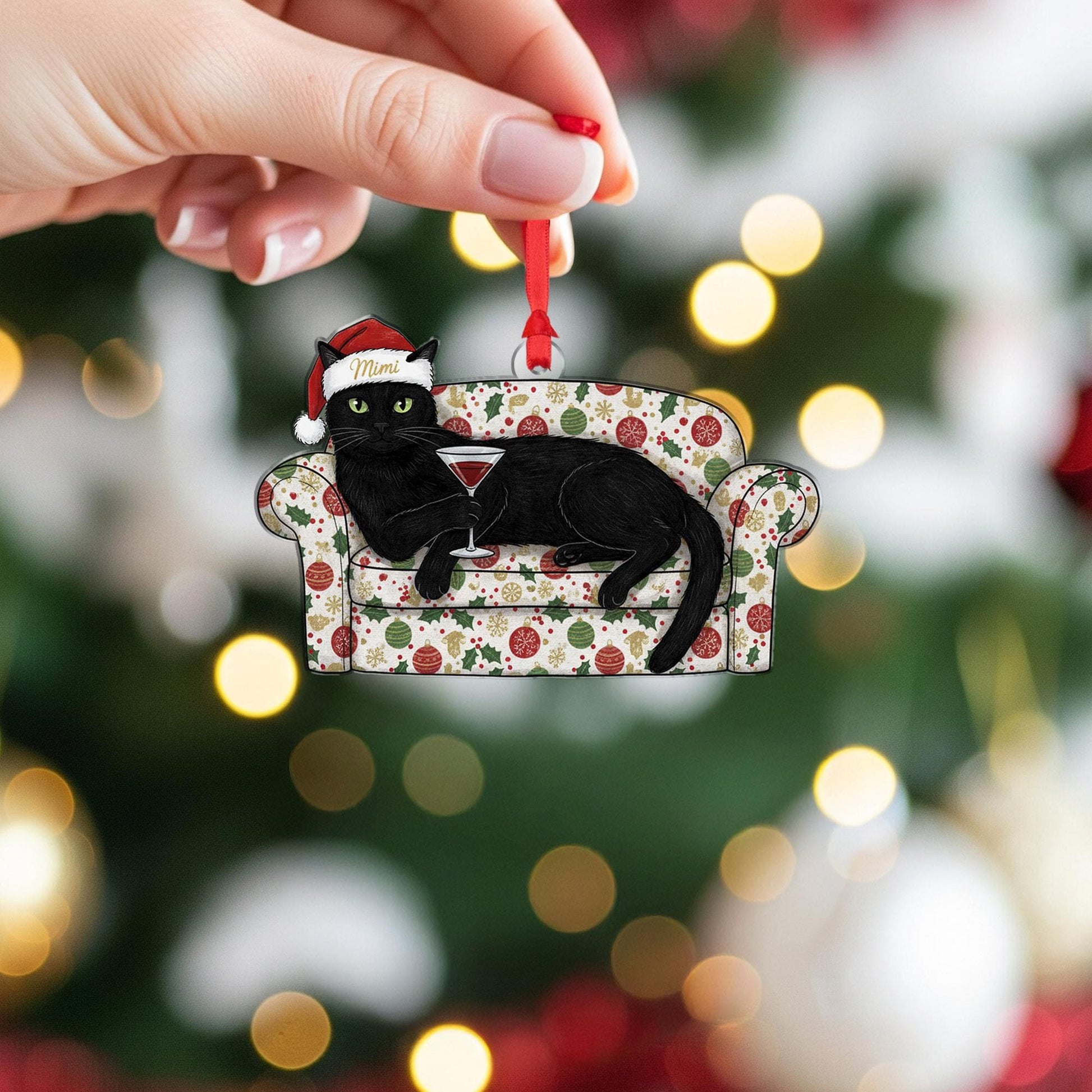 Black Cat On Sofa Ornament With Wine Glass: Christmas Cat Decor