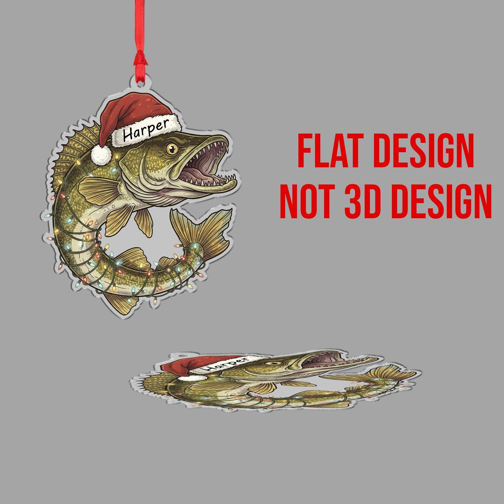 Personalized Walleye Fishing Christmas Ornament, Custom Name Fish with Santa Hat, Funny Angler Gift for Dad, Fisherman Xmas Tree Decor