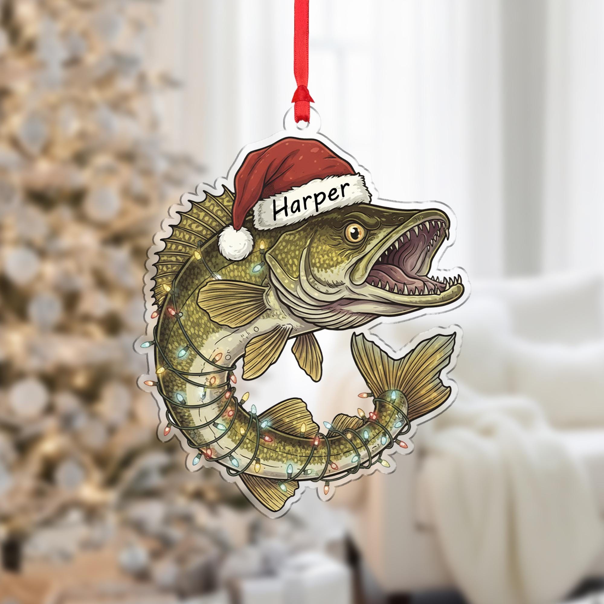 Personalized Walleye Fishing Christmas Ornament, Custom Name Fish with Santa Hat, Funny Angler Gift for Dad, Fisherman Xmas Tree Decor