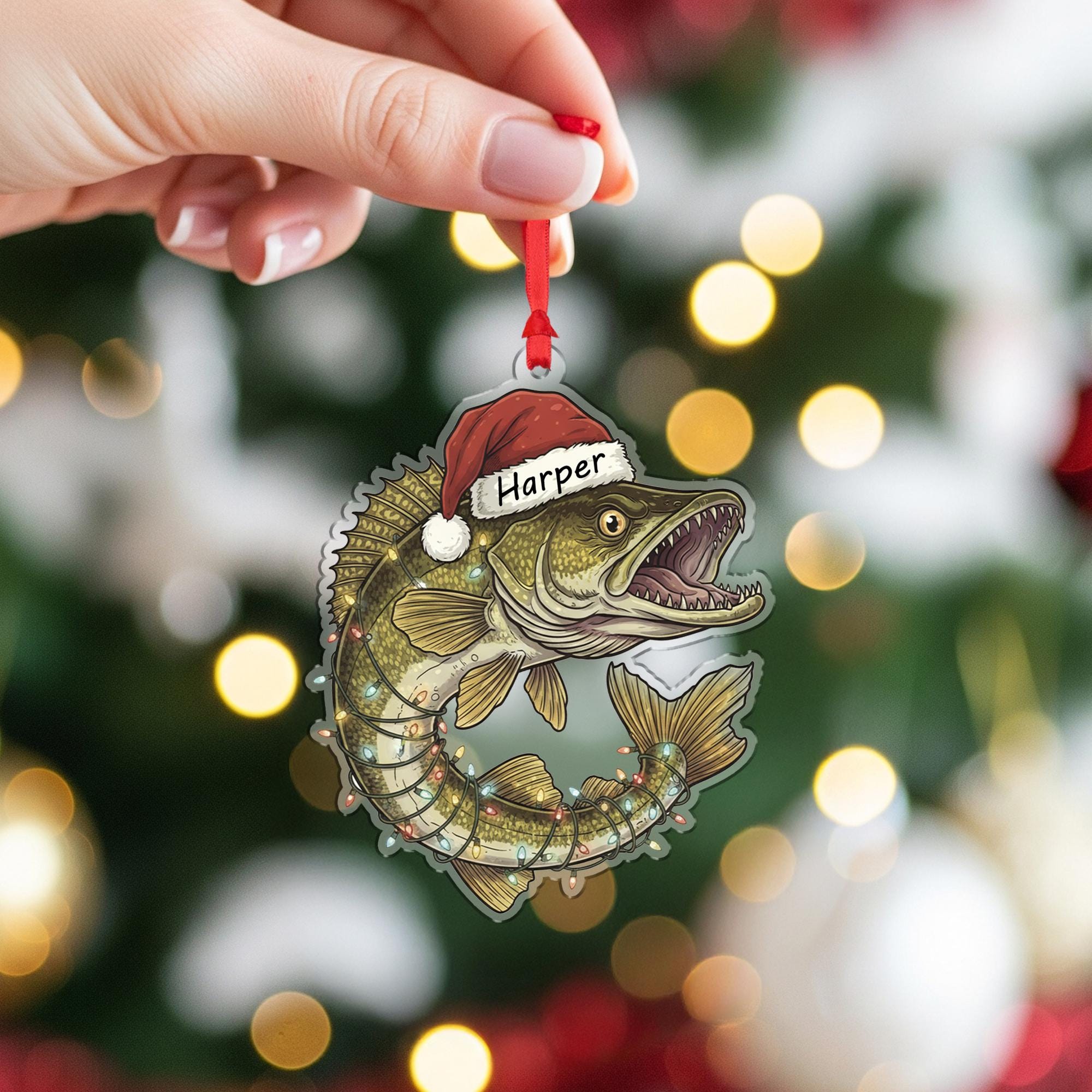 Personalized Walleye Fishing Christmas Ornament, Custom Name Fish with Santa Hat, Funny Angler Gift for Dad, Fisherman Xmas Tree Decor