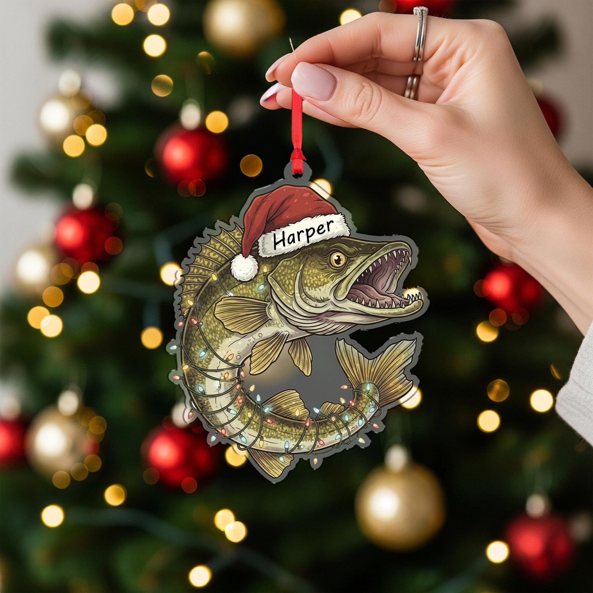 Personalized Walleye Fishing Christmas Ornament, Custom Name Fish with Santa Hat, Funny Angler Gift for Dad, Fisherman Xmas Tree Decor