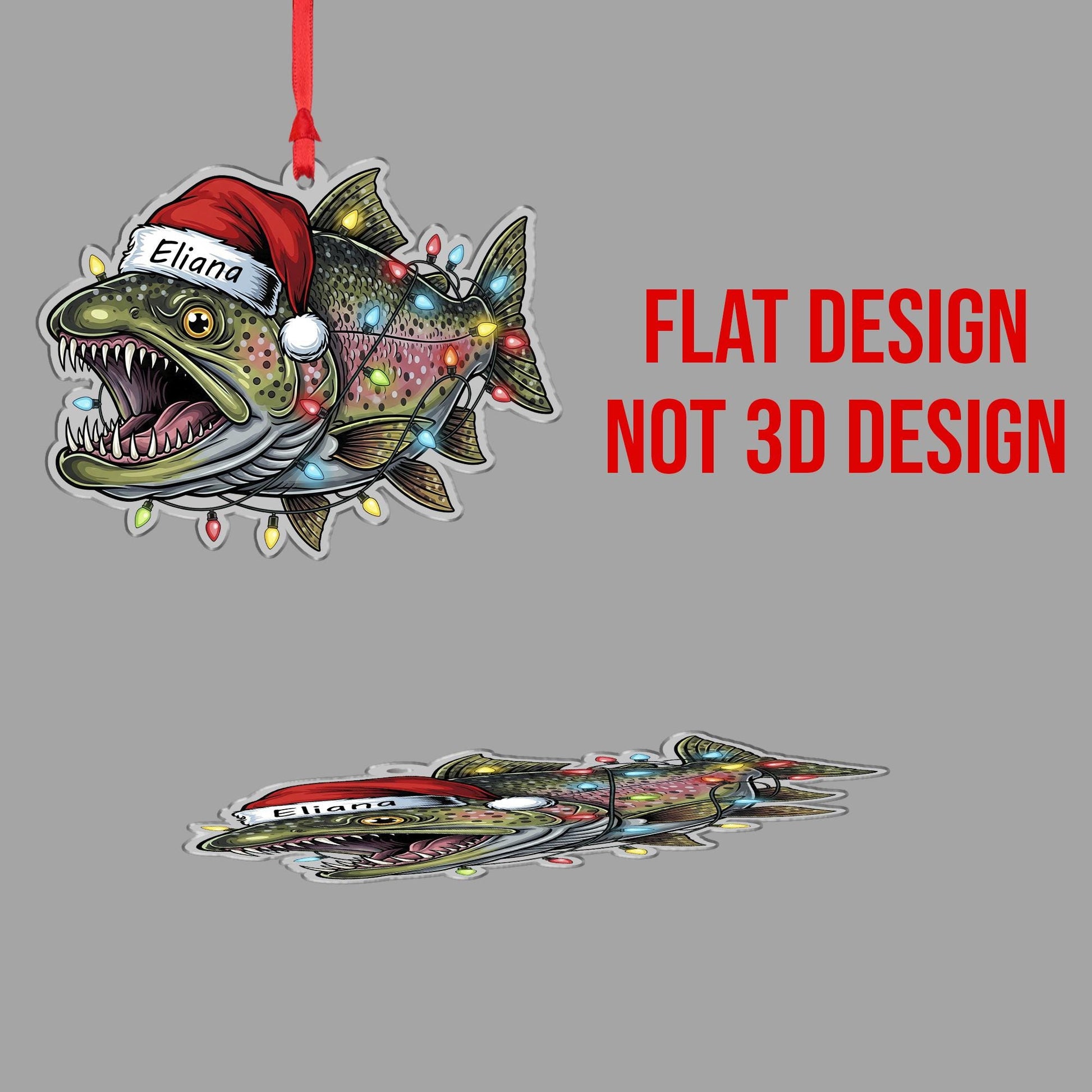 Personalized Trout Fishing Ornament, Custom Name Fisherman Gift, Fish with Santa Hat and Lights, Angler Christmas Decor