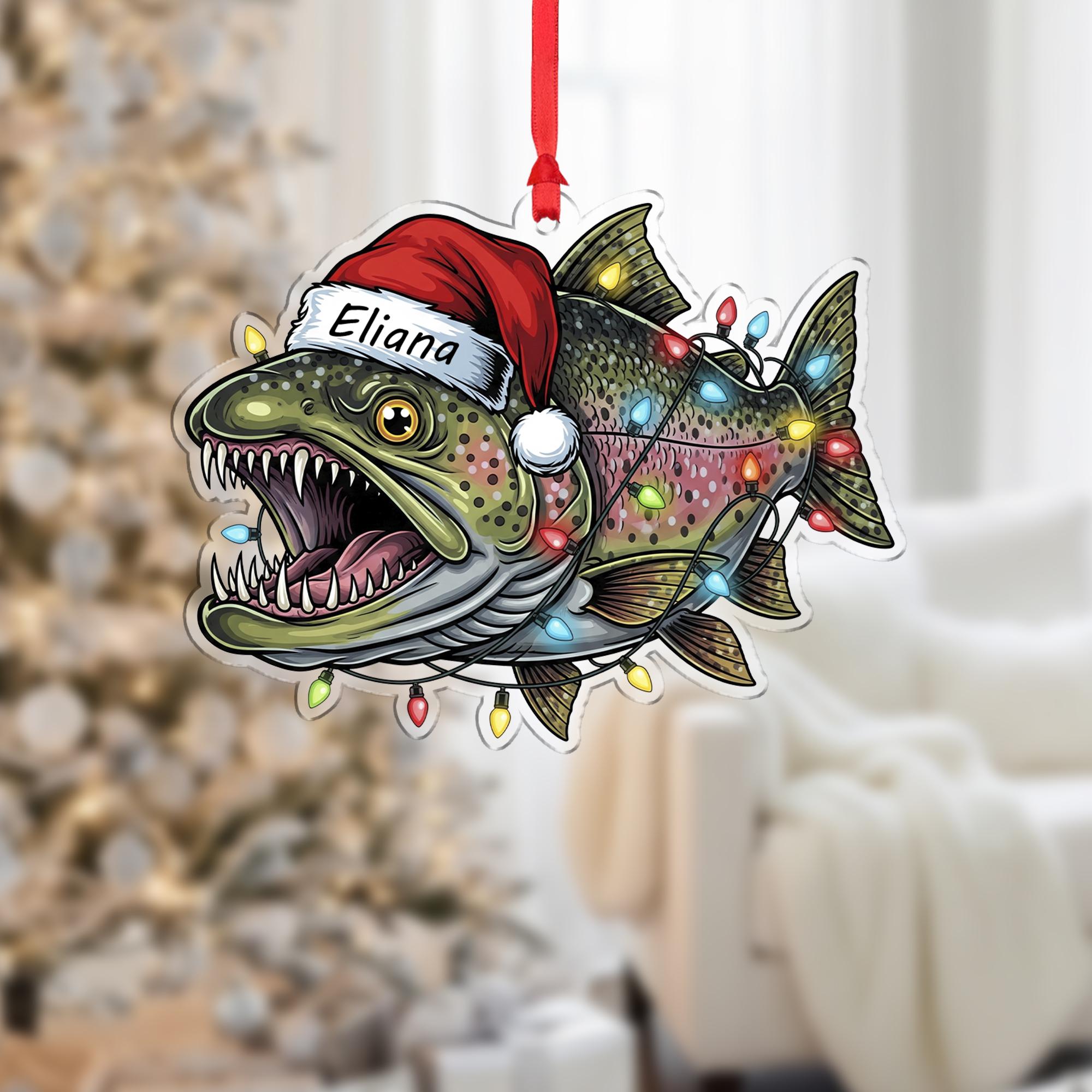 Personalized Trout Fishing Ornament, Custom Name Fisherman Gift, Fish with Santa Hat and Lights, Angler Christmas Decor
