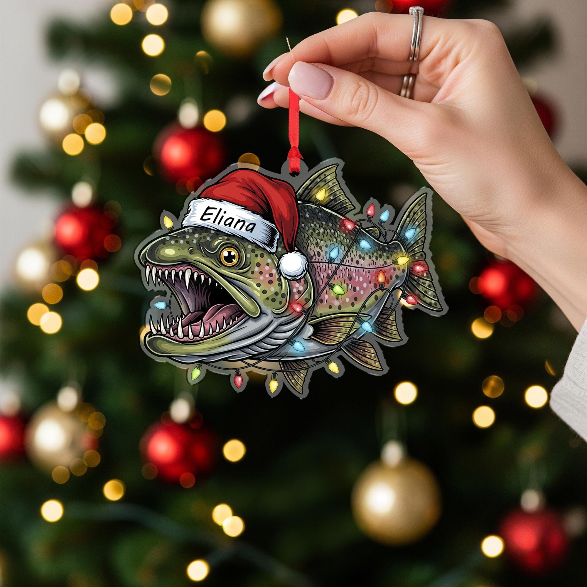 Personalized Trout Fishing Ornament, Custom Name Fisherman Gift, Fish with Santa Hat and Lights, Angler Christmas Decor