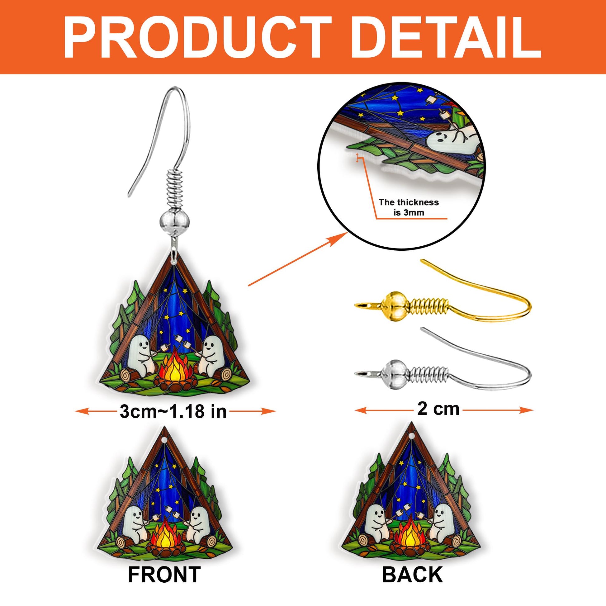 Camping Tent Earrings: Ghost Campfire Night Sky, Spooky Forest Jewelry