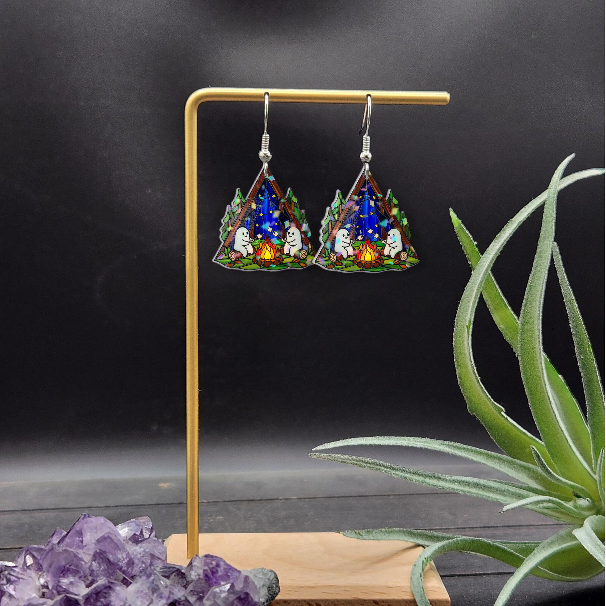 Camping Tent Earrings: Ghost Campfire Night Sky, Spooky Forest Jewelry