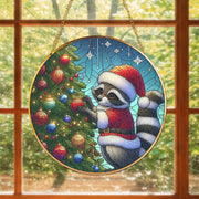 Glass Suncatcher Raccoon Santa Hat Christmas Tree Holiday Decor
