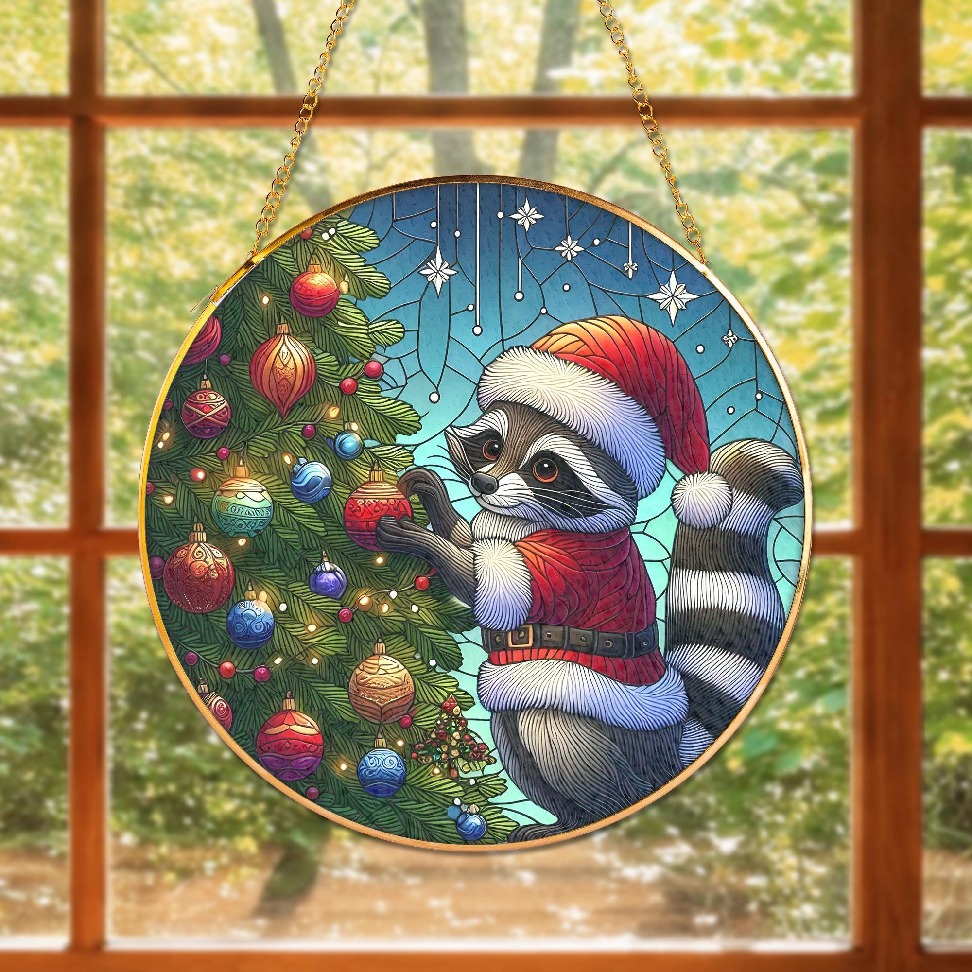 Glass Suncatcher Raccoon Santa Hat Christmas Tree Holiday Decor