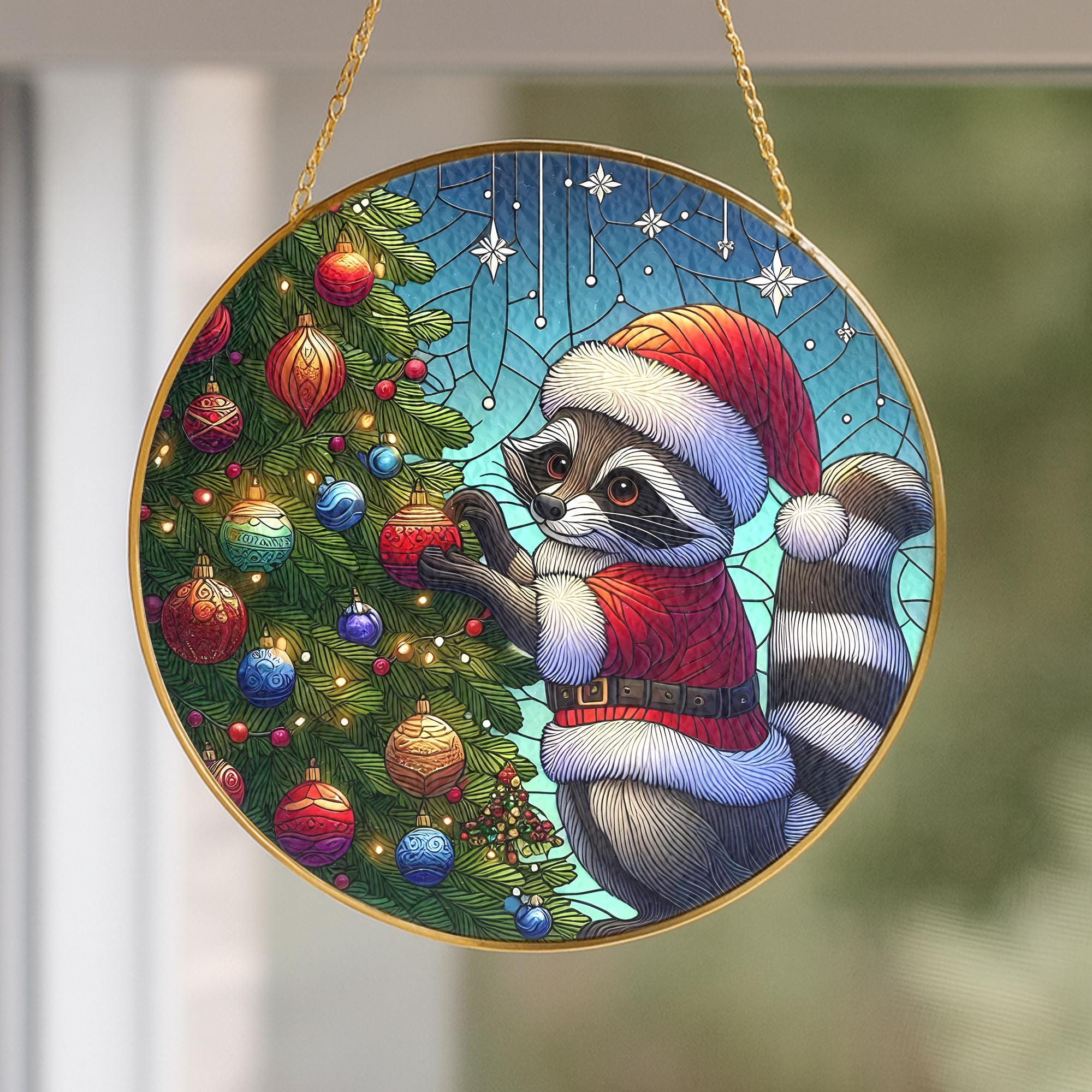 Glass Suncatcher Raccoon Santa Hat Christmas Tree Holiday Decor