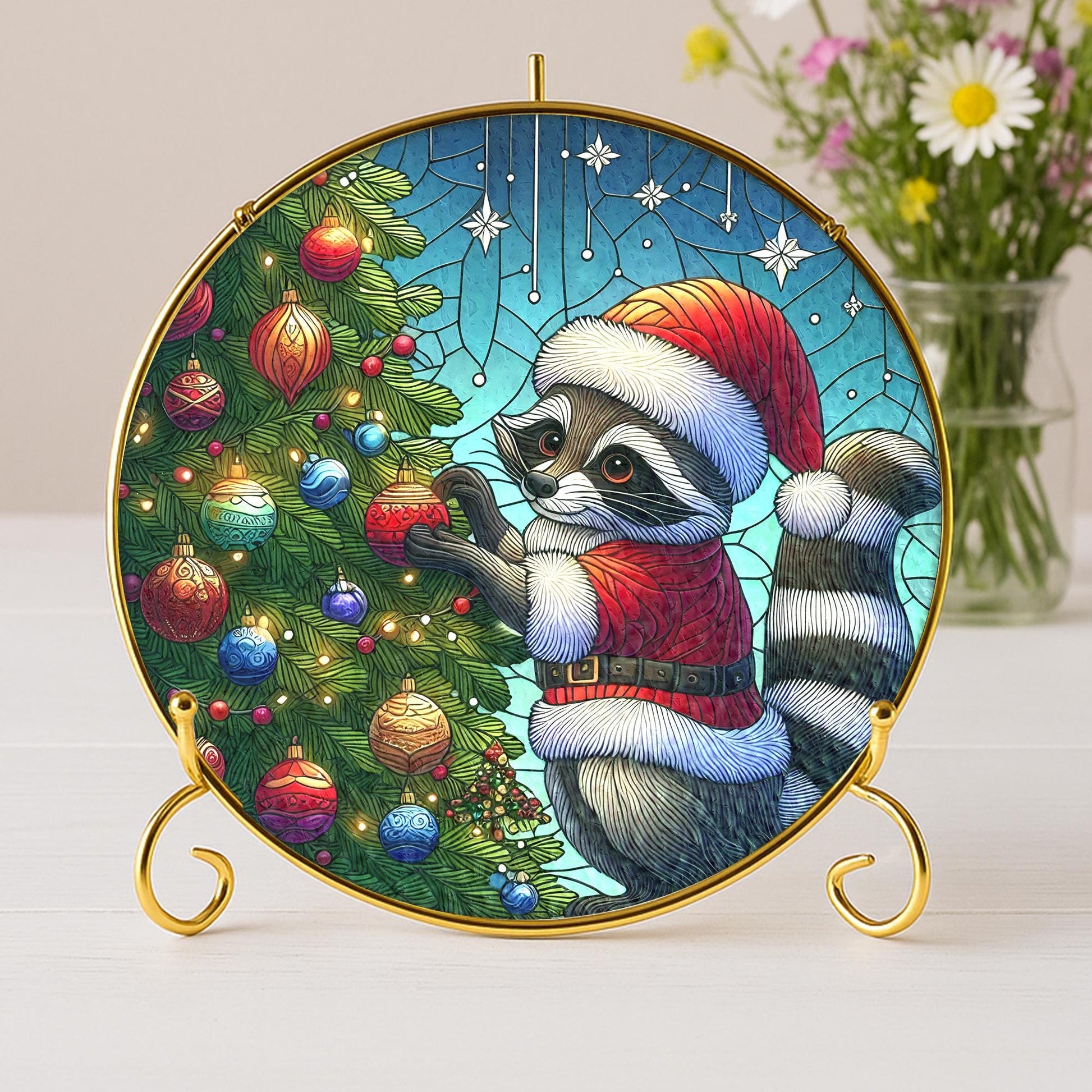 Glass Suncatcher Raccoon Santa Hat Christmas Tree Holiday Decor
