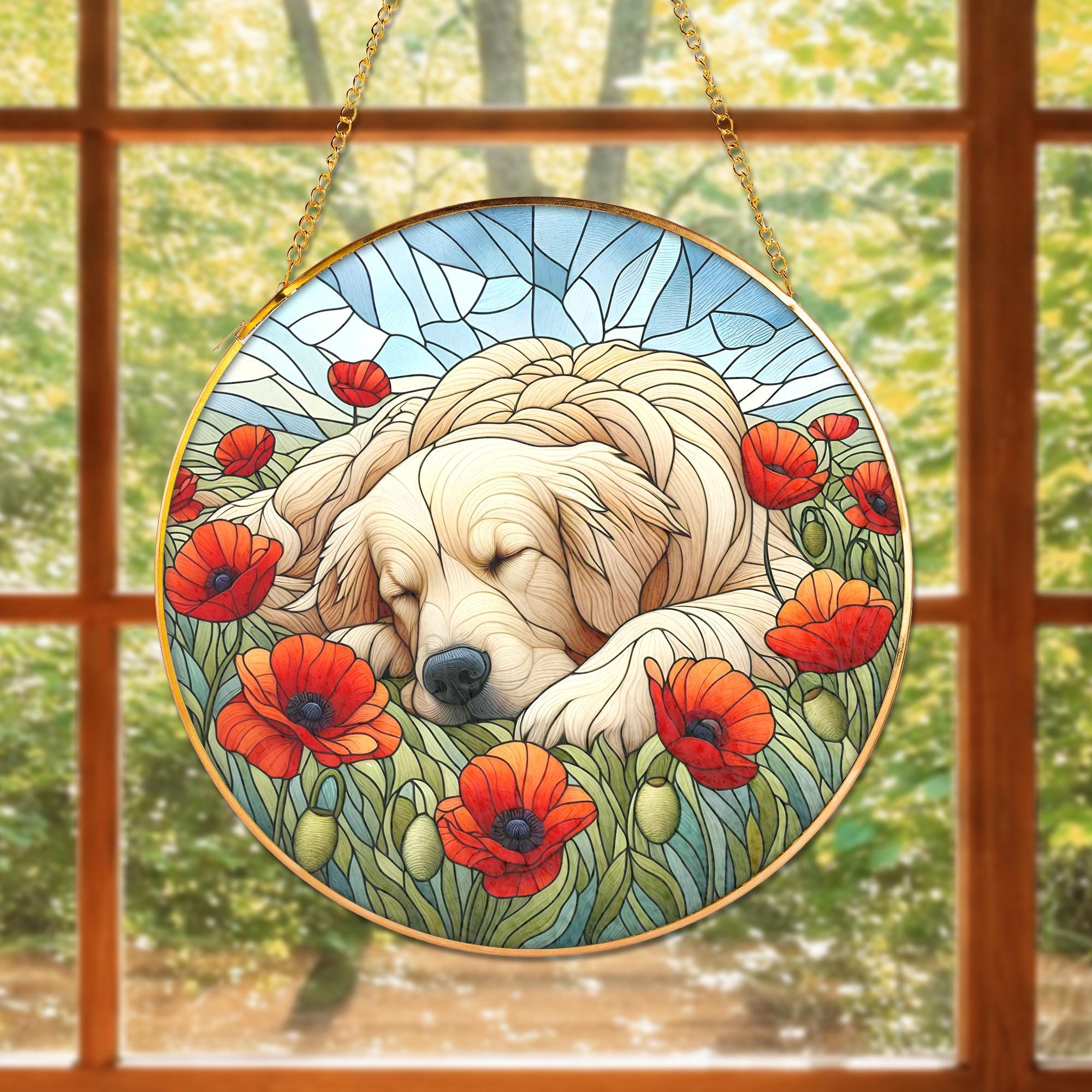 Dog Suncatcher with Poppies , Golden Retriever Gift, Pet Memorial Home Decor