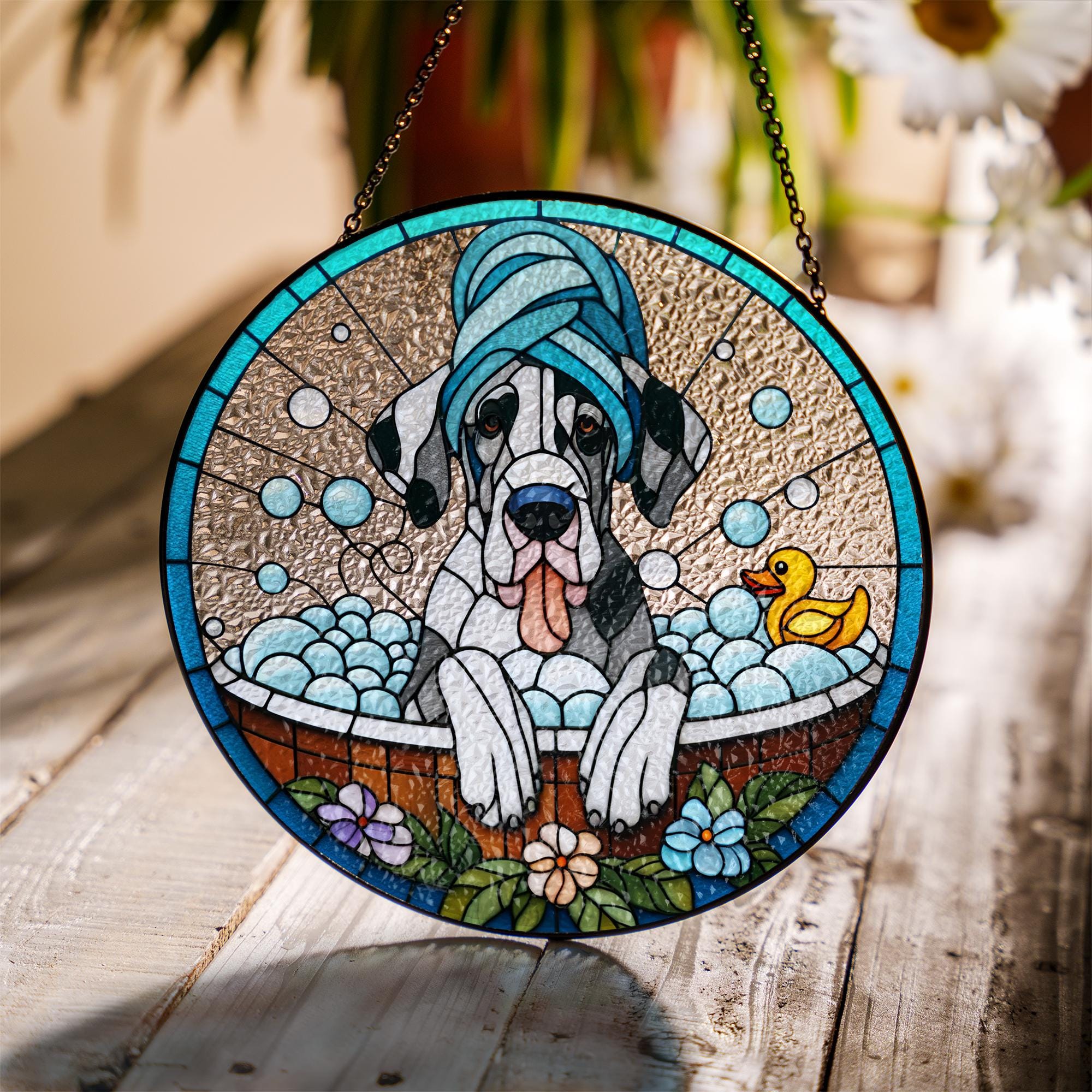 Great Dane Glass Suncatcher | Bathtub Dog Window Hanging Decor