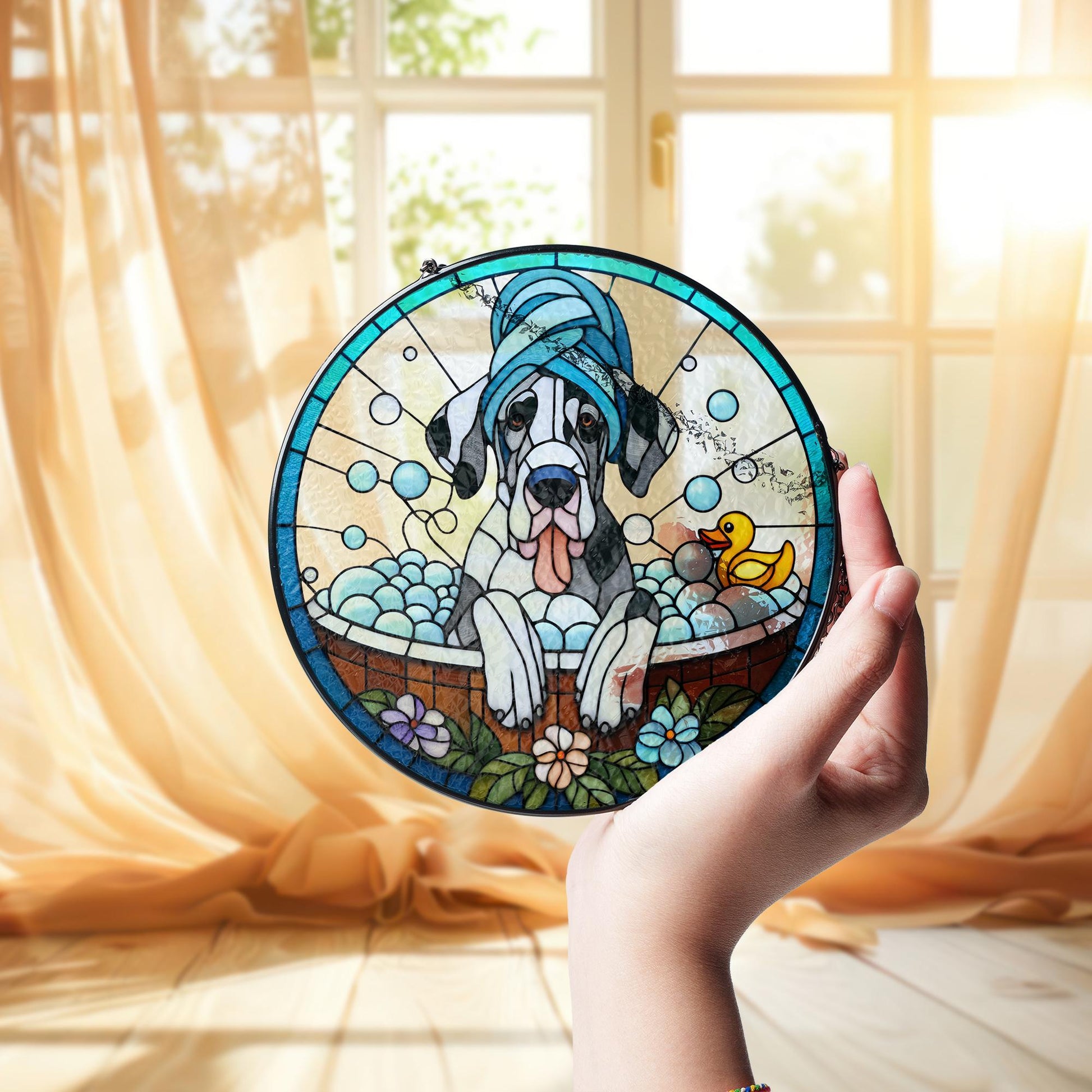 Great Dane Glass Suncatcher | Bathtub Dog Window Hanging Decor