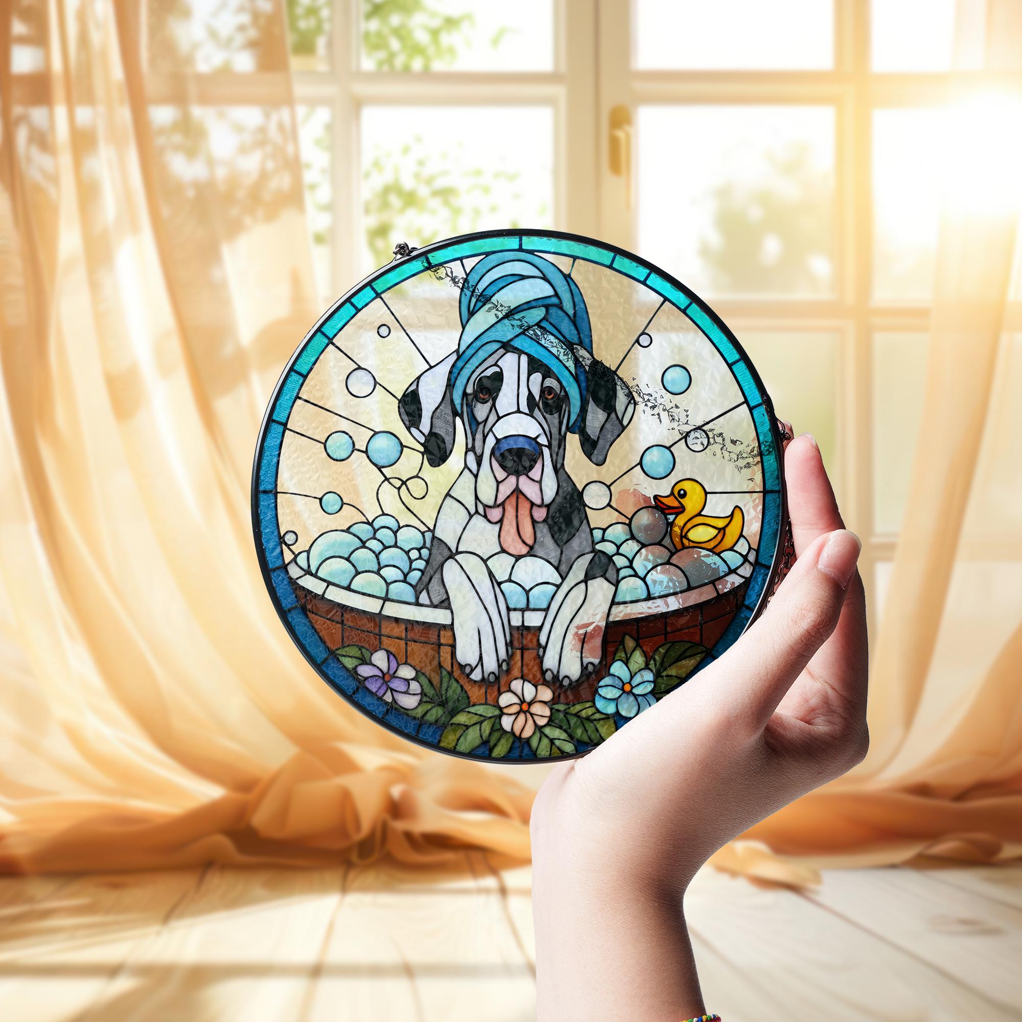 Great Dane Glass Suncatcher | Bathtub Dog Window Hanging Decor