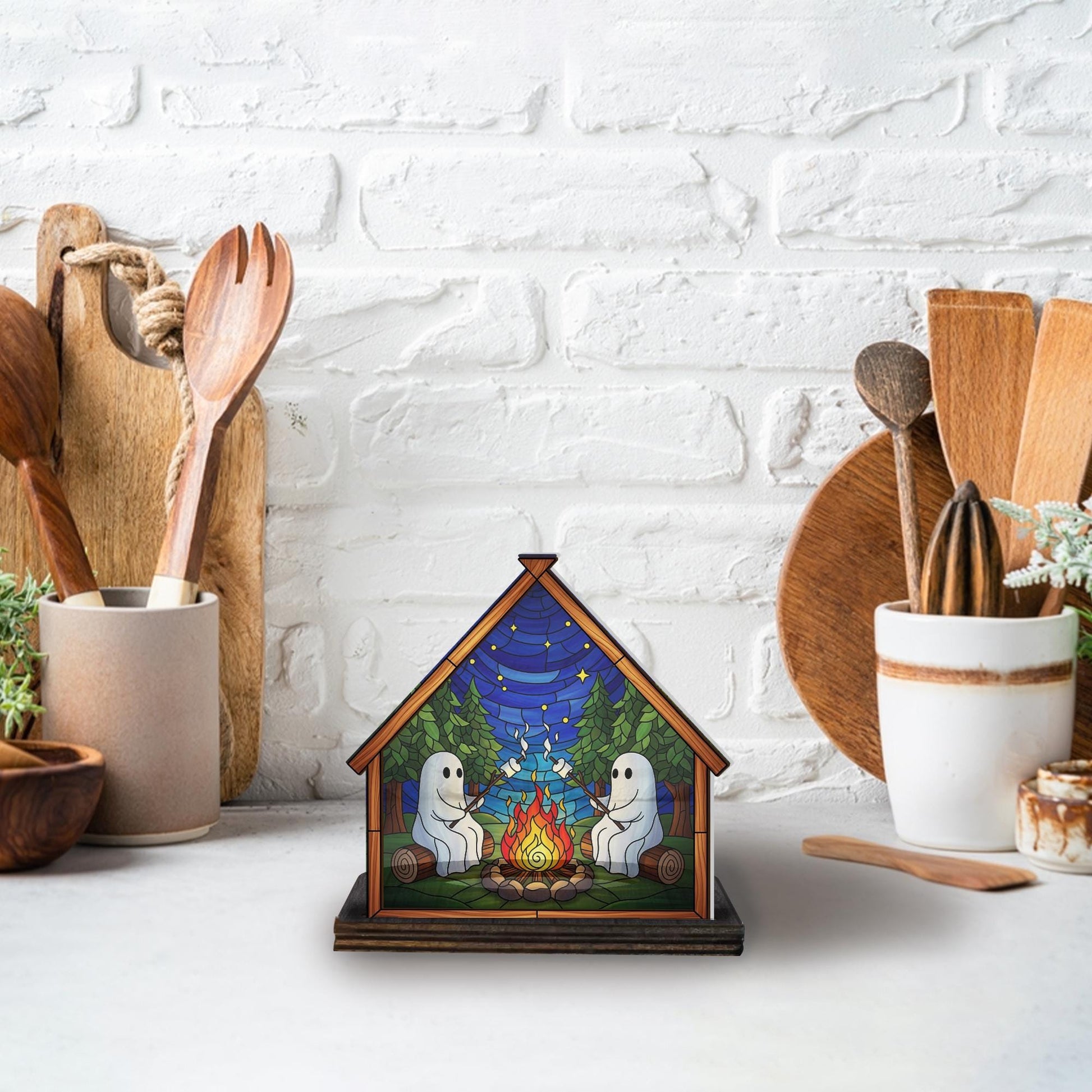 Ghost Campfire Candle Holder – Wood and Acrylic Forest Scene Decor