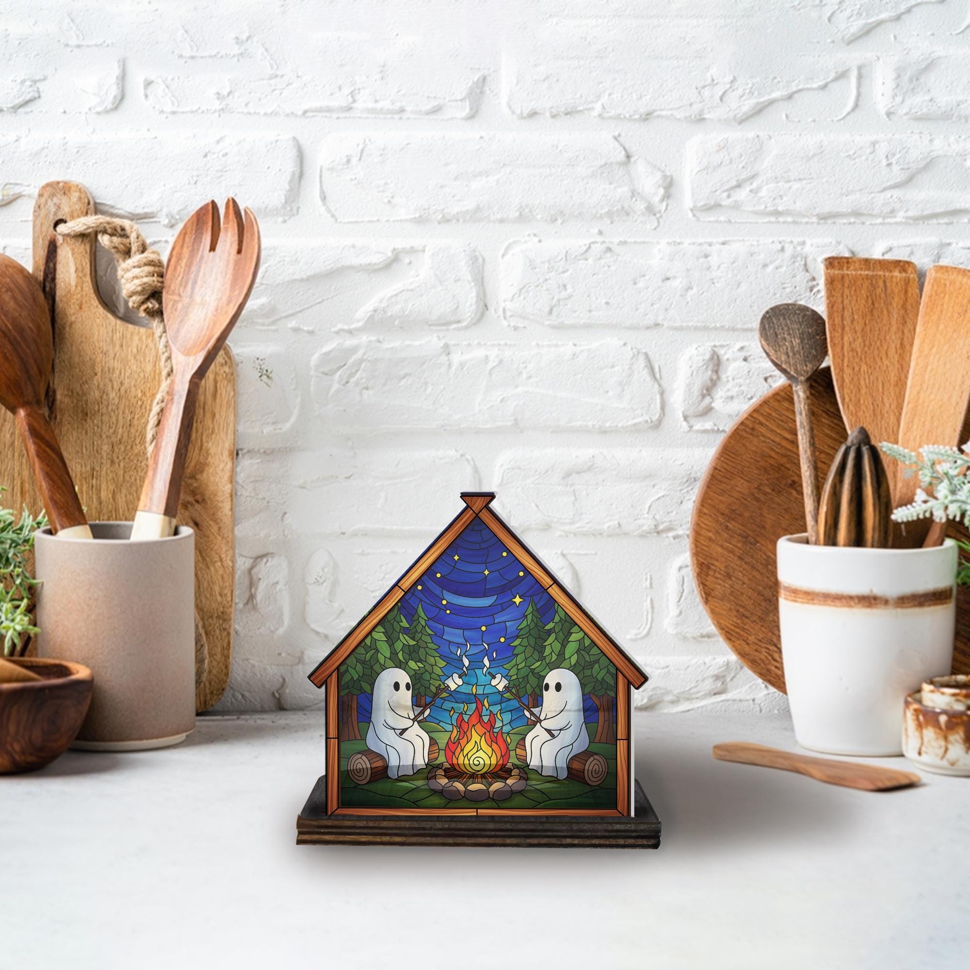 Ghost Campfire Candle Holder – Wood and Acrylic Forest Scene Decor
