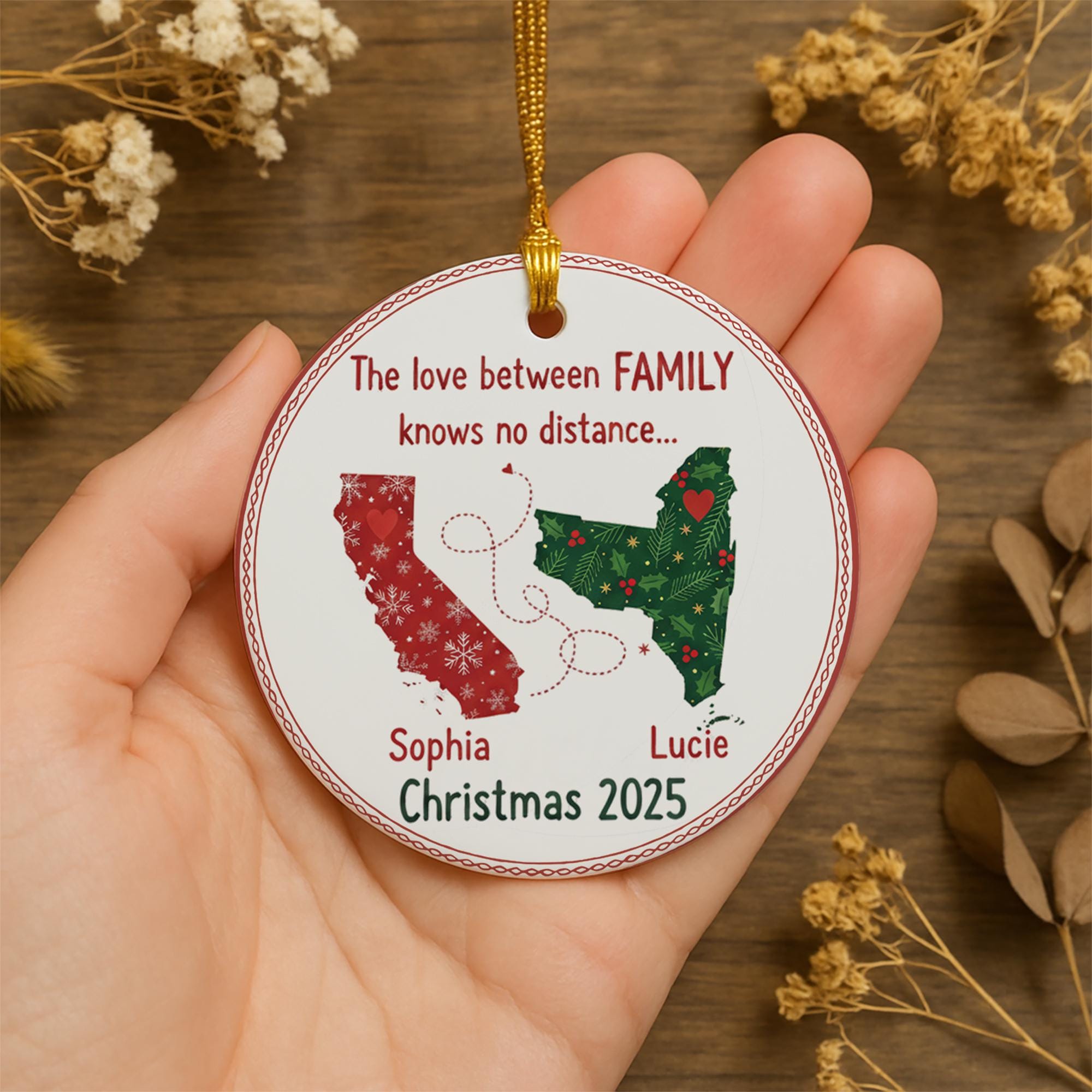 Personalized Family Distance Ornament: Custom State Map Christmas Decoration with Names