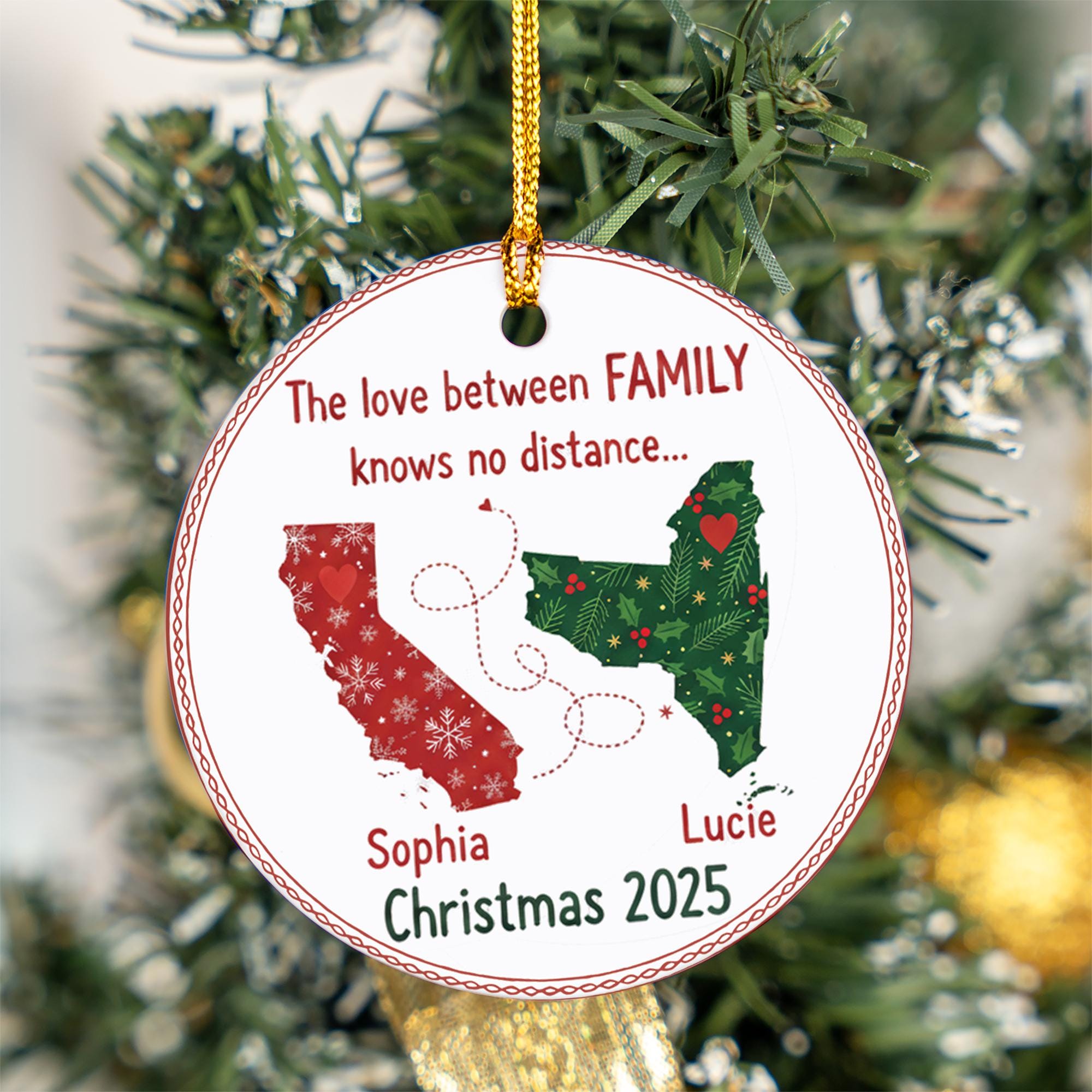 Personalized Family Distance Ornament: Custom State Map Christmas Decoration with Names