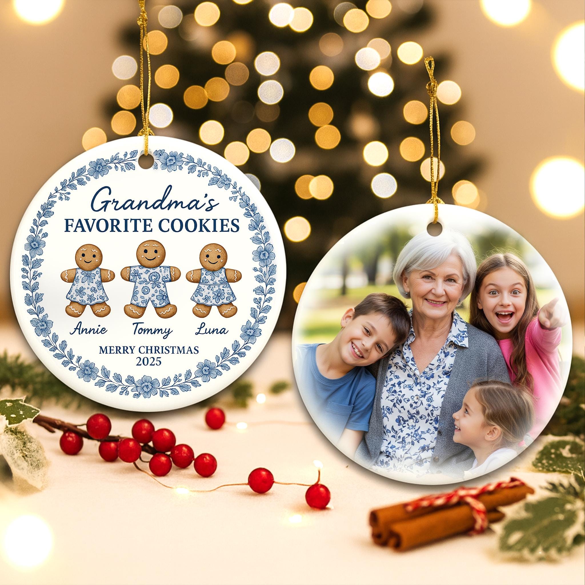 Personalized Grandma's Favorite Cookies Christmas Ornament - Gingerbread Grandkids Names and Photo