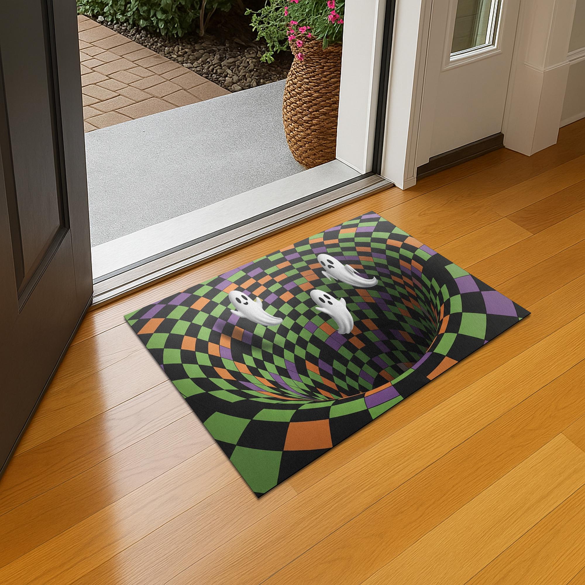 Halloween Ghost Doormat: 3D Illusion Checkerboard Entry Rug for Front Porch Decor