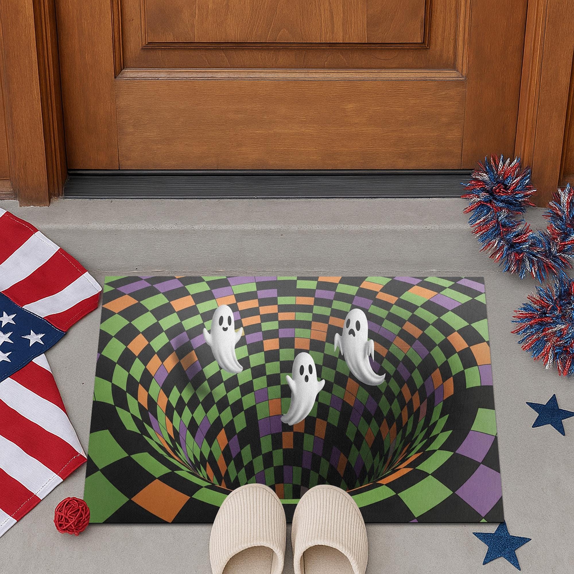 Halloween Ghost Doormat: 3D Illusion Checkerboard Entry Rug for Front Porch Decor