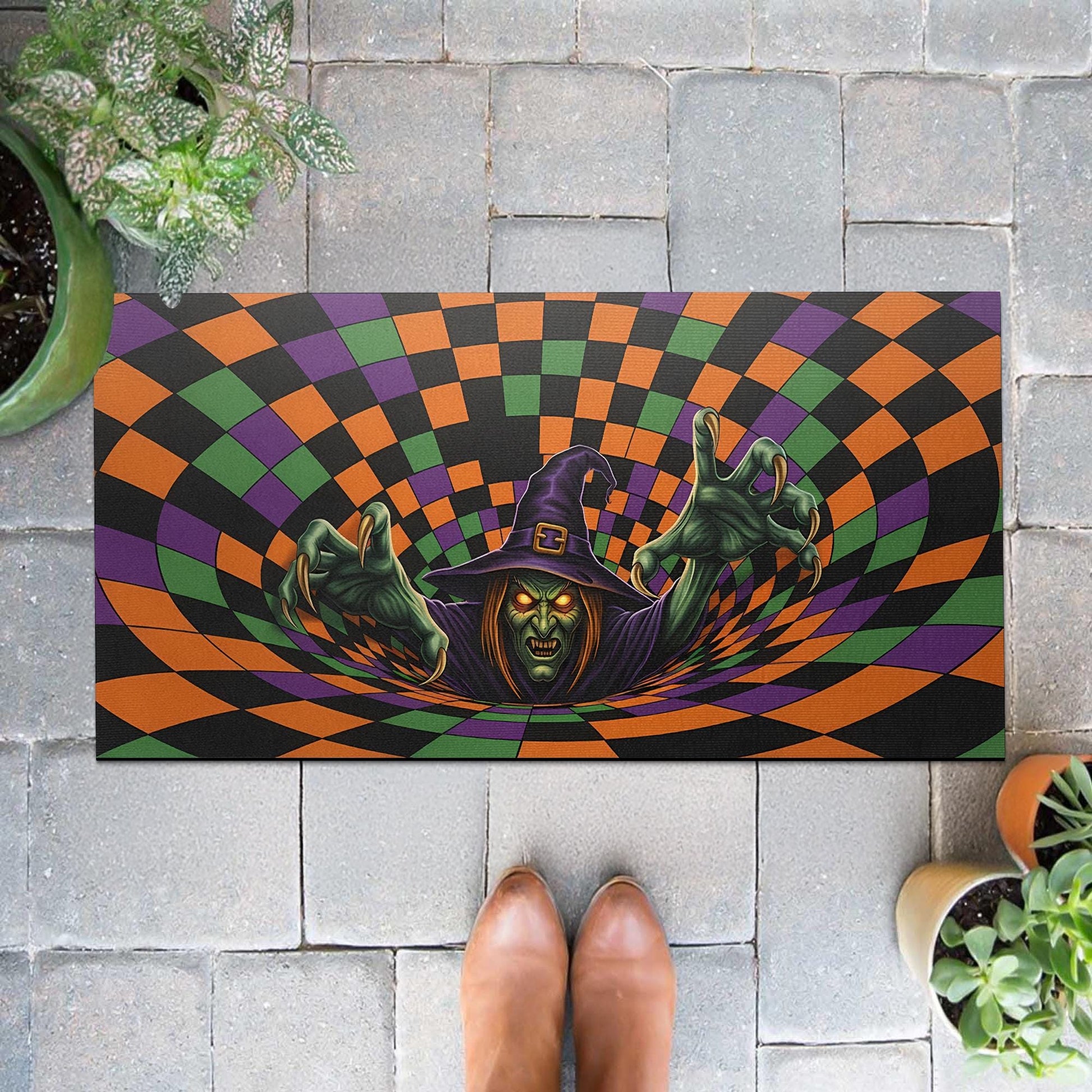 Halloween Witch Doormat: 3D Illusion Checkerboard Entry Rug for Spooky Porch Decor
