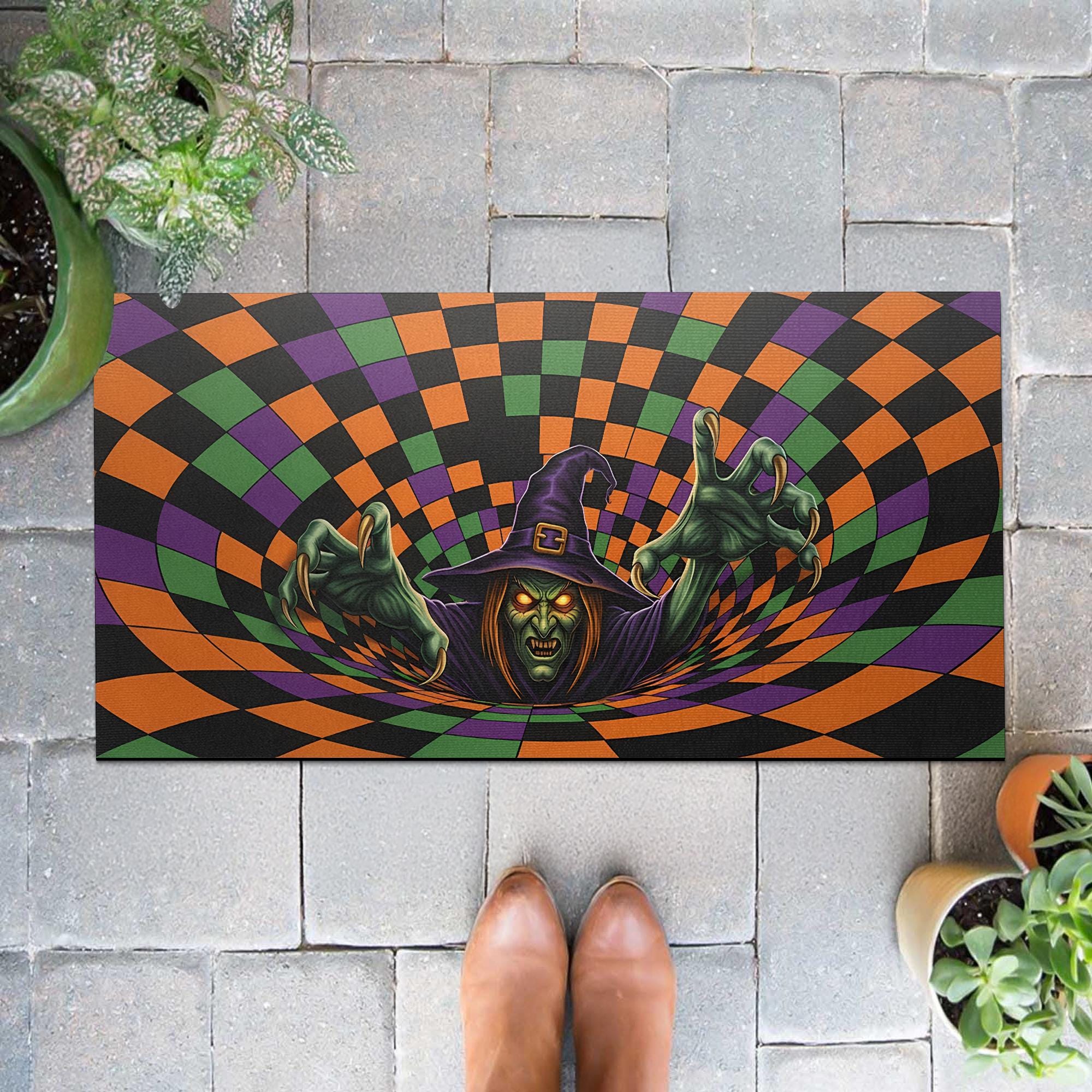 Halloween Witch Doormat: 3D Illusion Checkerboard Entry Rug for Spooky Porch Decor