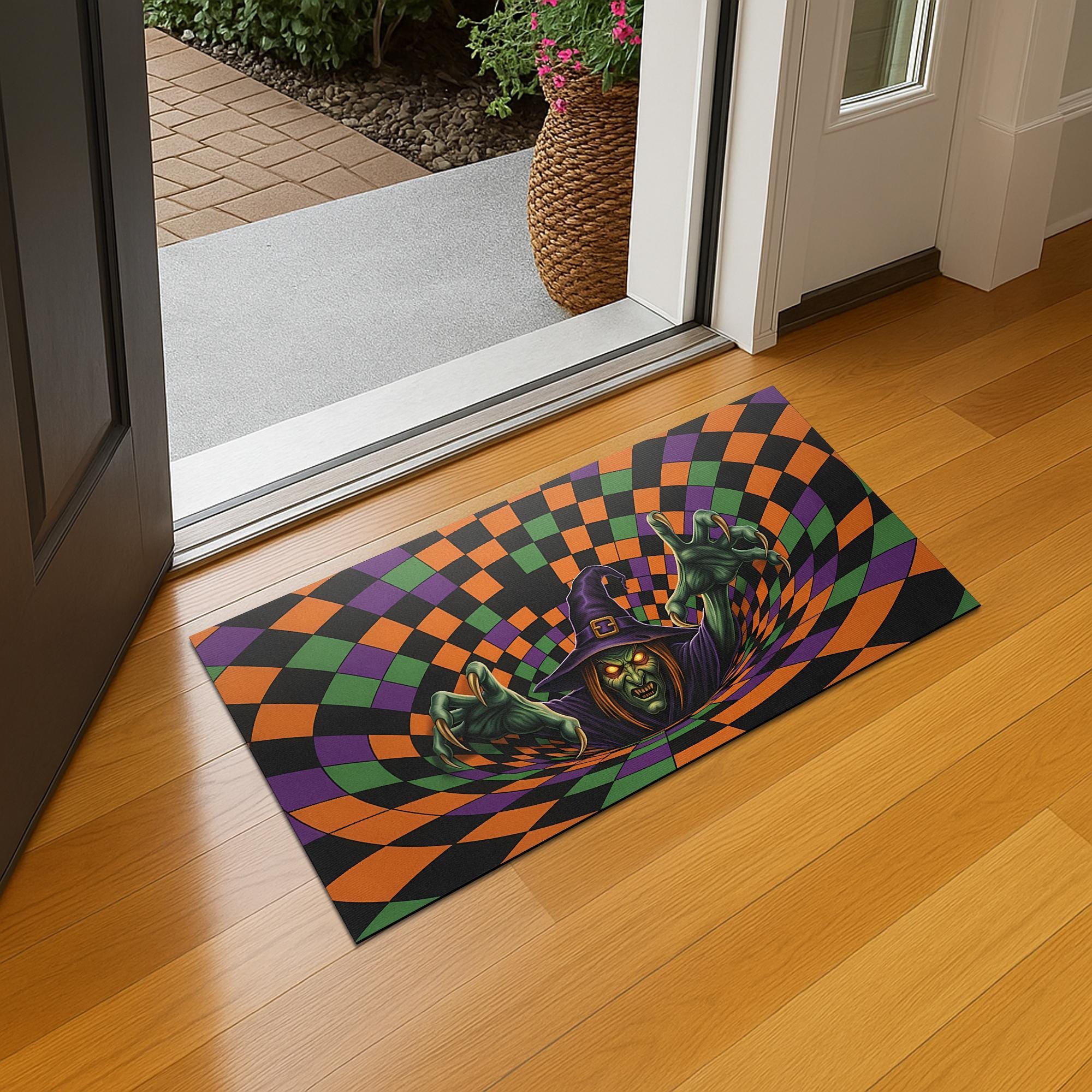 Halloween Witch Doormat: 3D Illusion Checkerboard Entry Rug for Spooky Porch Decor