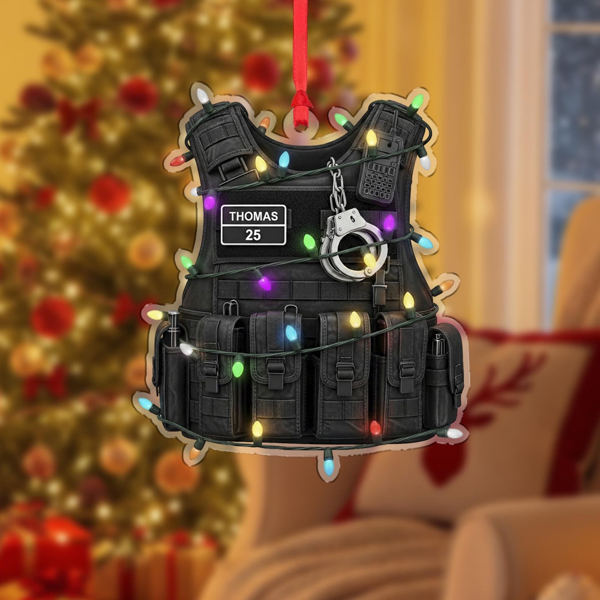 Personalized Police Ornament: Tactical Gear Christmas Decoration with Handcuffs and Lights
