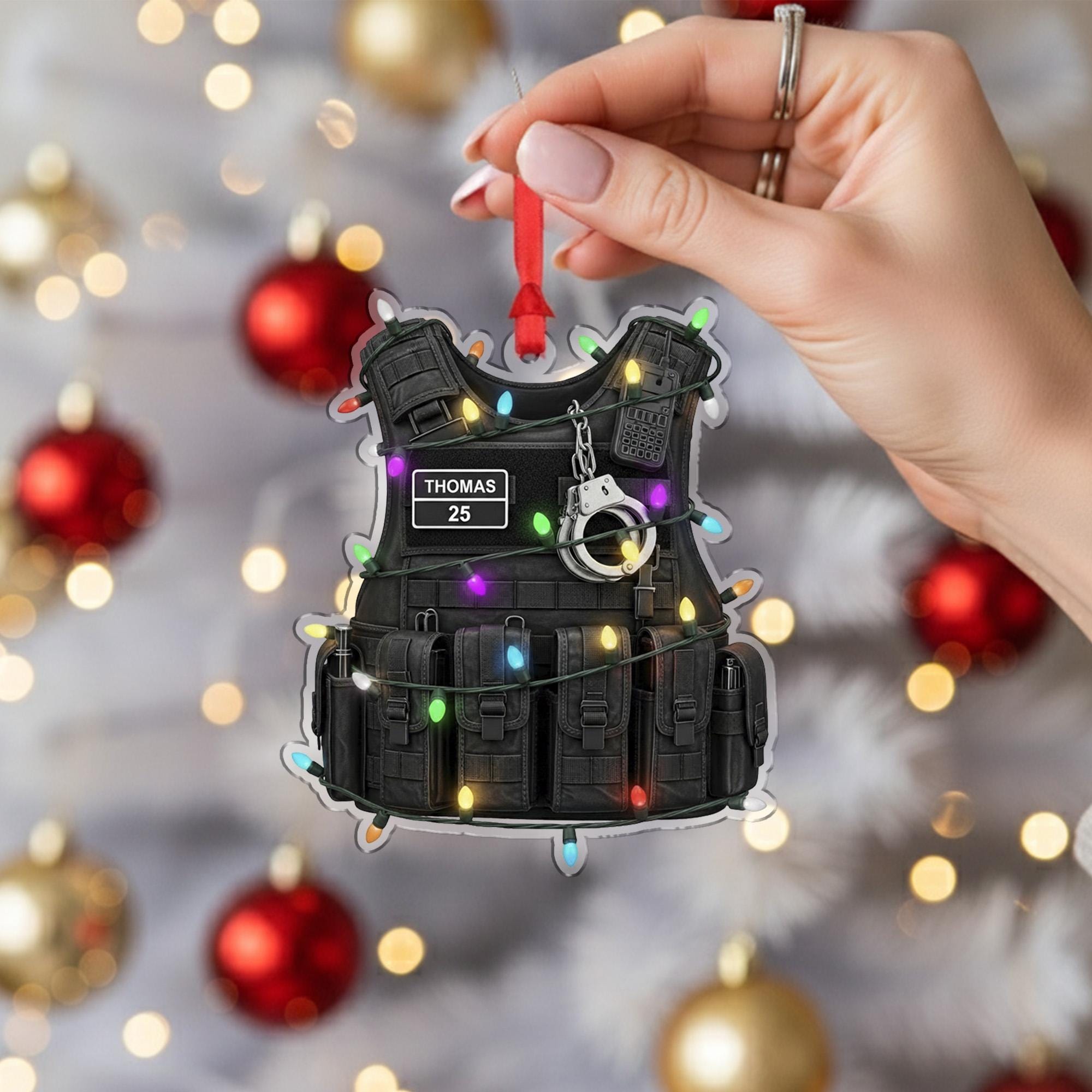 Personalized Police Ornament: Tactical Gear Christmas Decoration with Handcuffs and Lights
