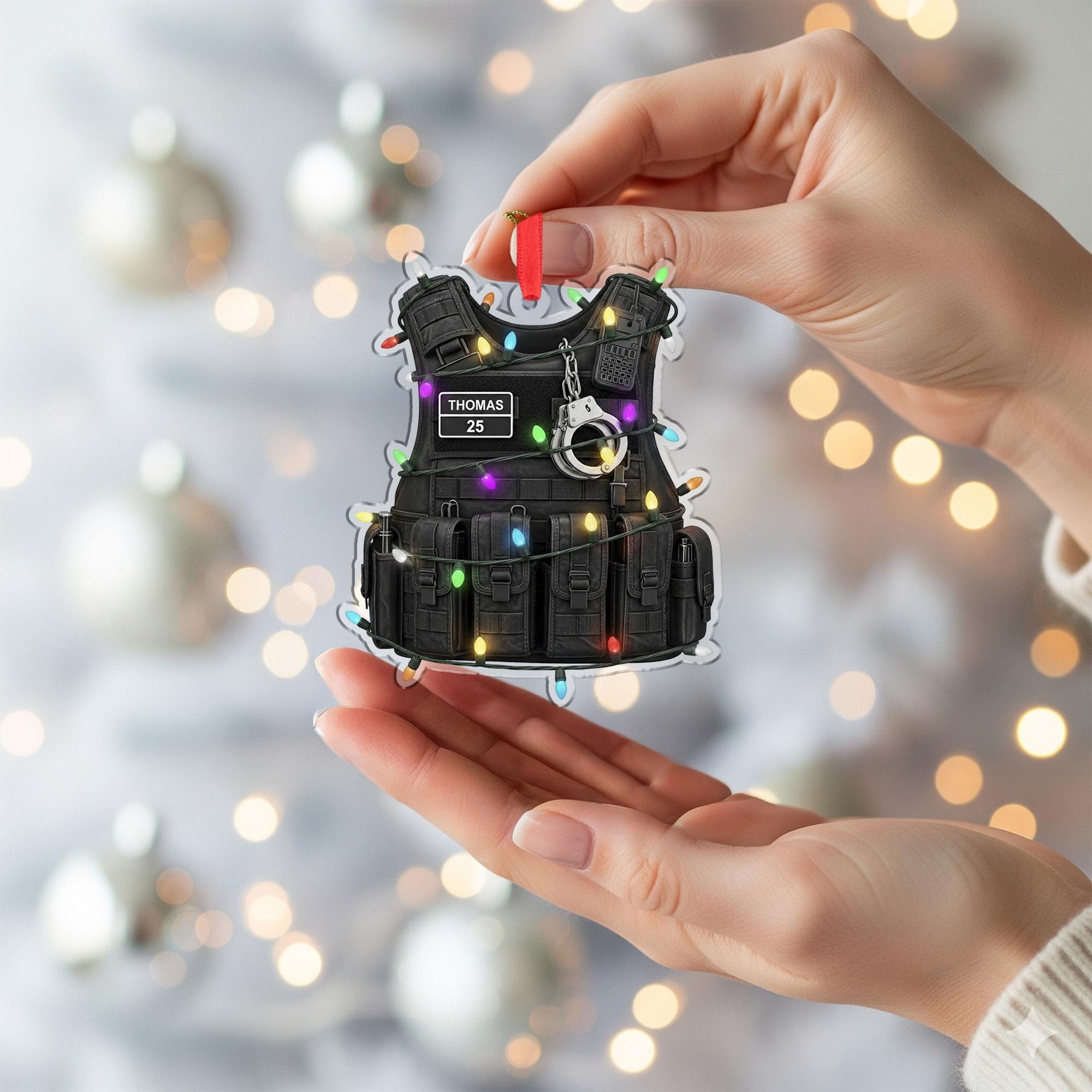 Personalized Police Ornament: Tactical Gear Christmas Decoration with Handcuffs and Lights