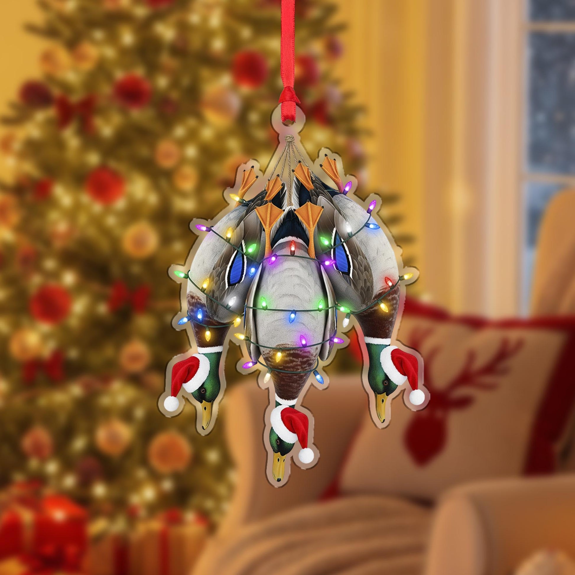 Duck Hunting Ornament: Mallard Christmas Decoration with Santa Hats and Holiday Lights