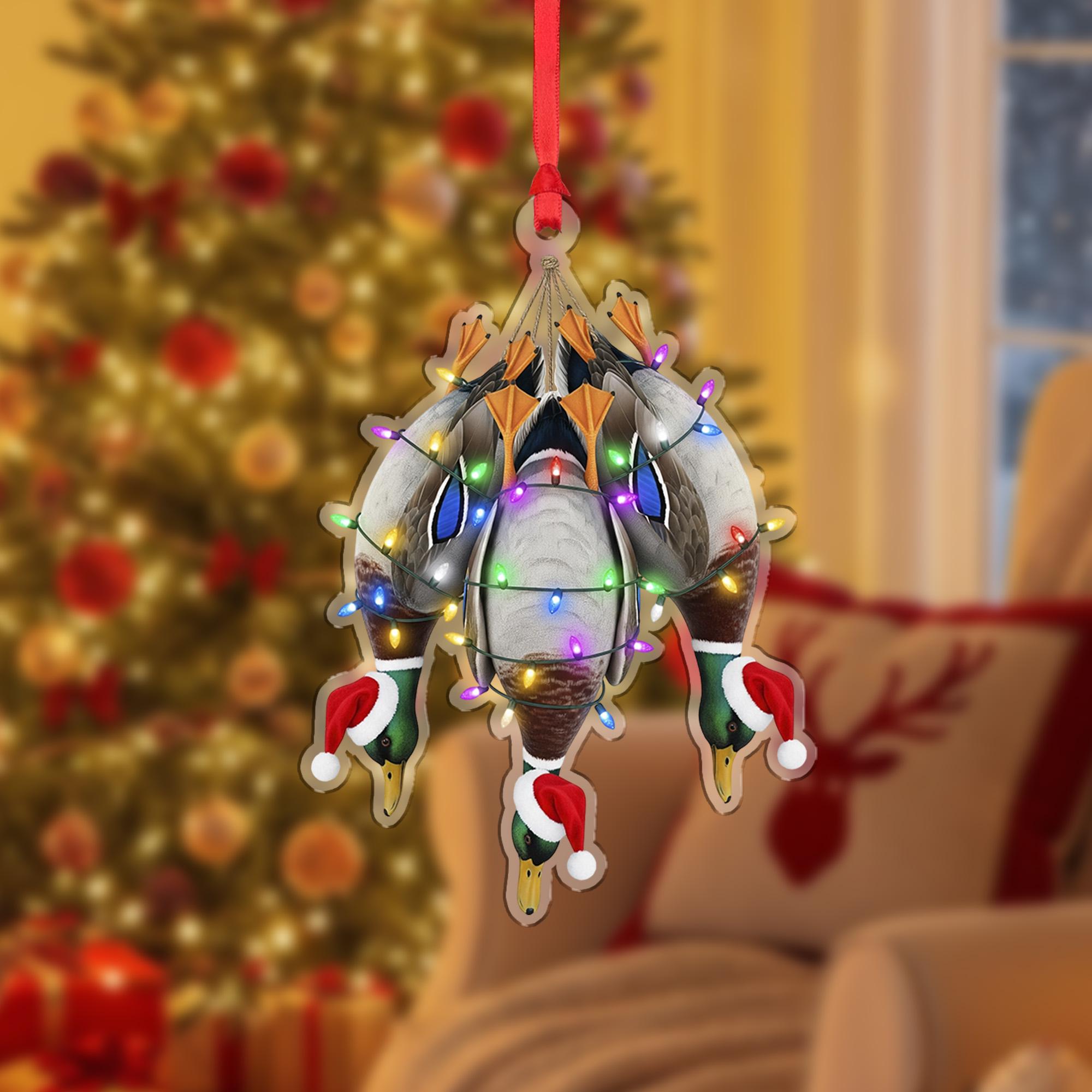 Duck Hunting Ornament: Mallard Christmas Decoration with Santa Hats and Holiday Lights