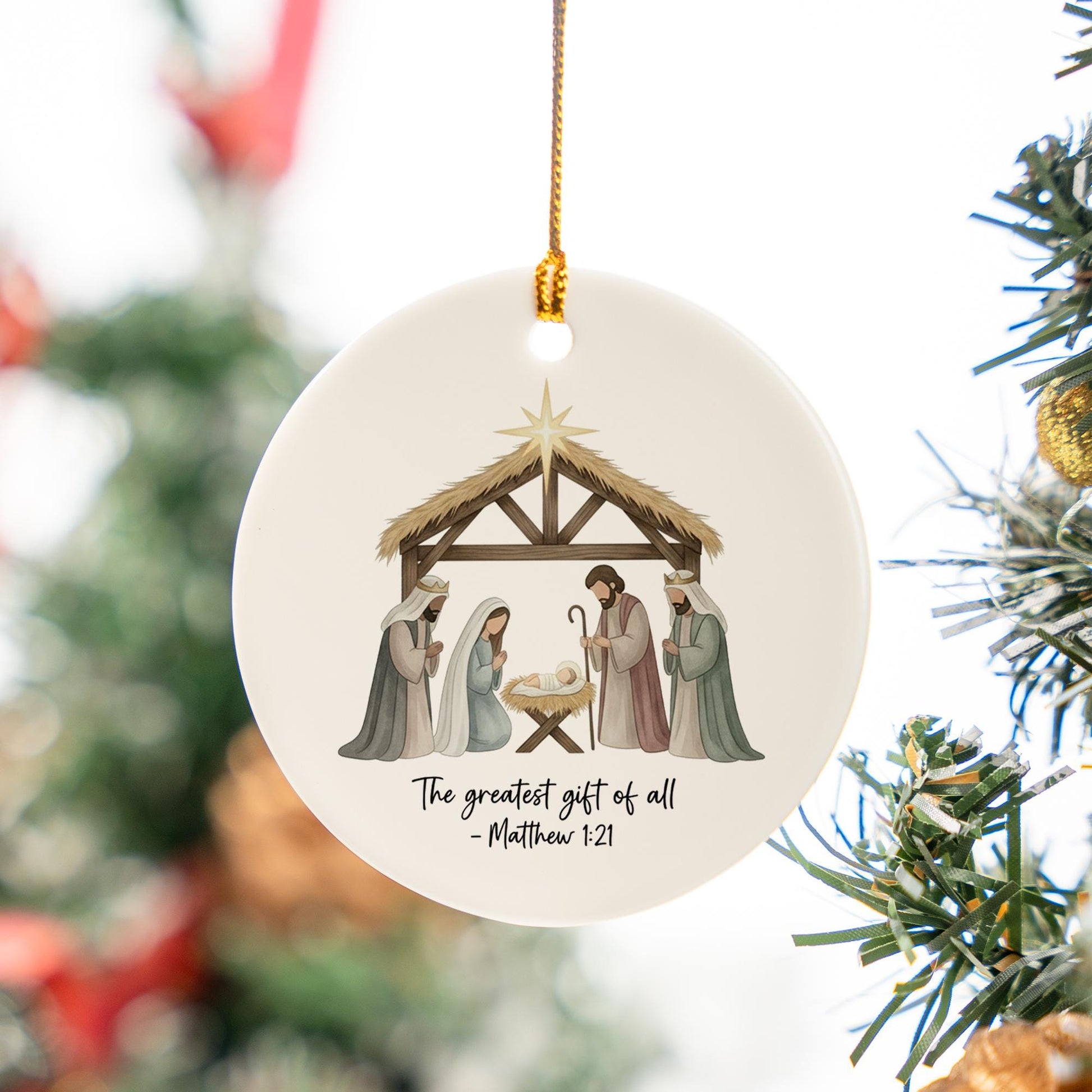 Nativity Scene Christmas Ornament: Ceramic Decoration with Holy Family and Matthew Scripture