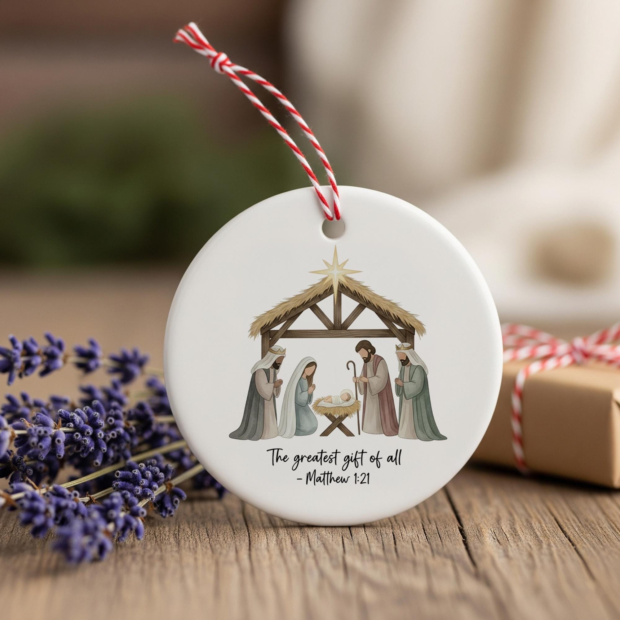 Nativity Scene Christmas Ornament: Ceramic Decoration with Holy Family and Matthew Scripture