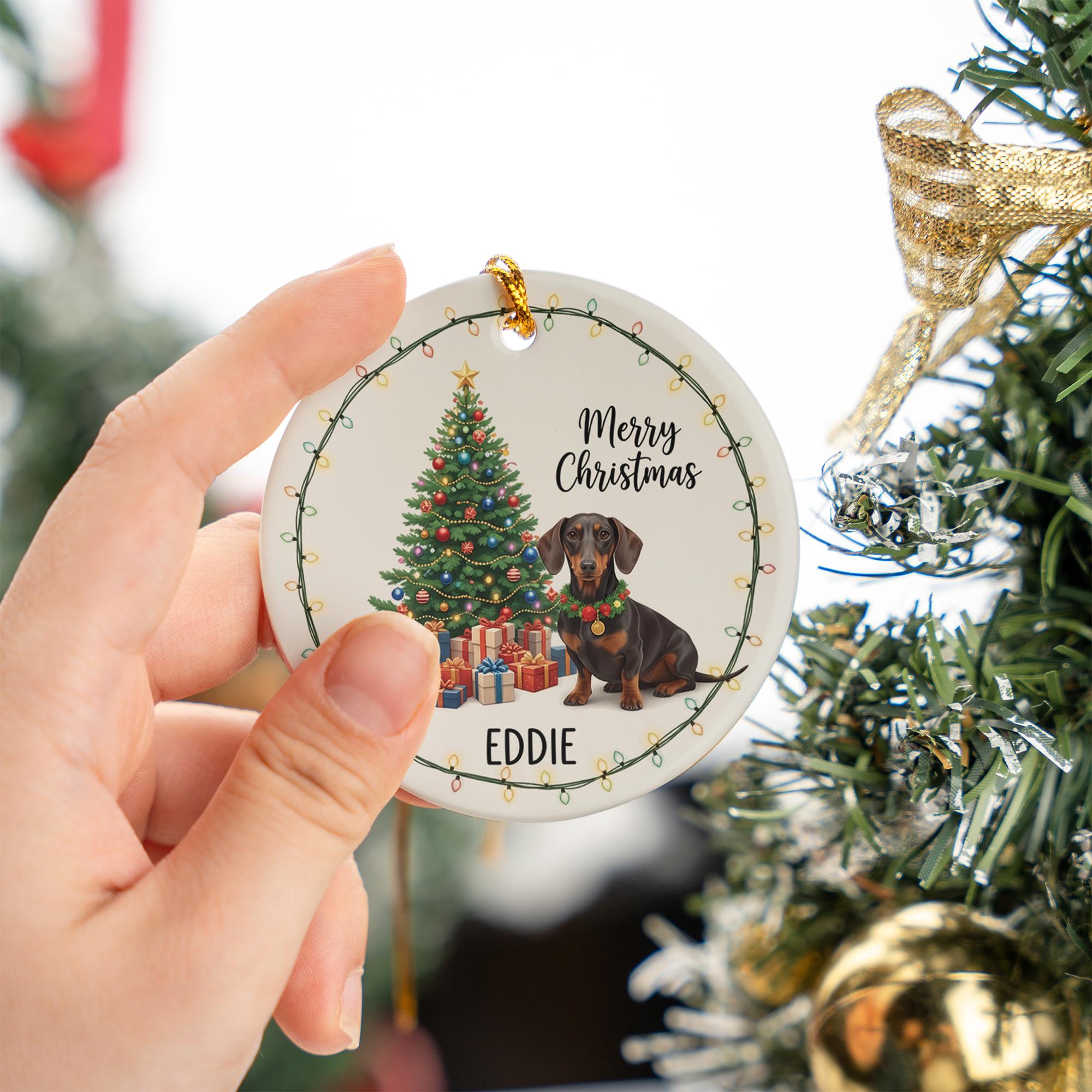 Personalized Ceramic Dog Christmas Ornament: Custom Pet Name, Tree & Lights
